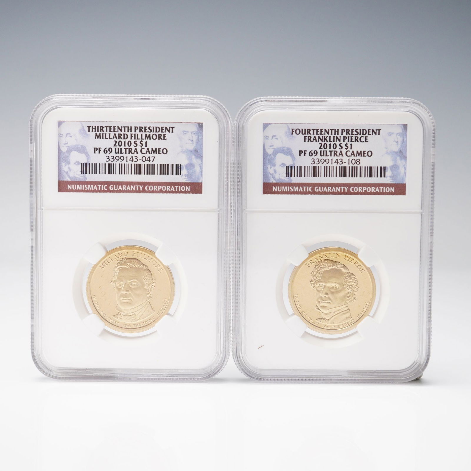 2pc 2010-S Presidential Dollar Coins NGC Graded PF69 Ultra Cameo: Each coin was minted in San Francisco and struck in manganese brass clad copper. The obverse sides feature portraits of the Thirteenth President Millard Fillmore and the Fourteenth President Franklin