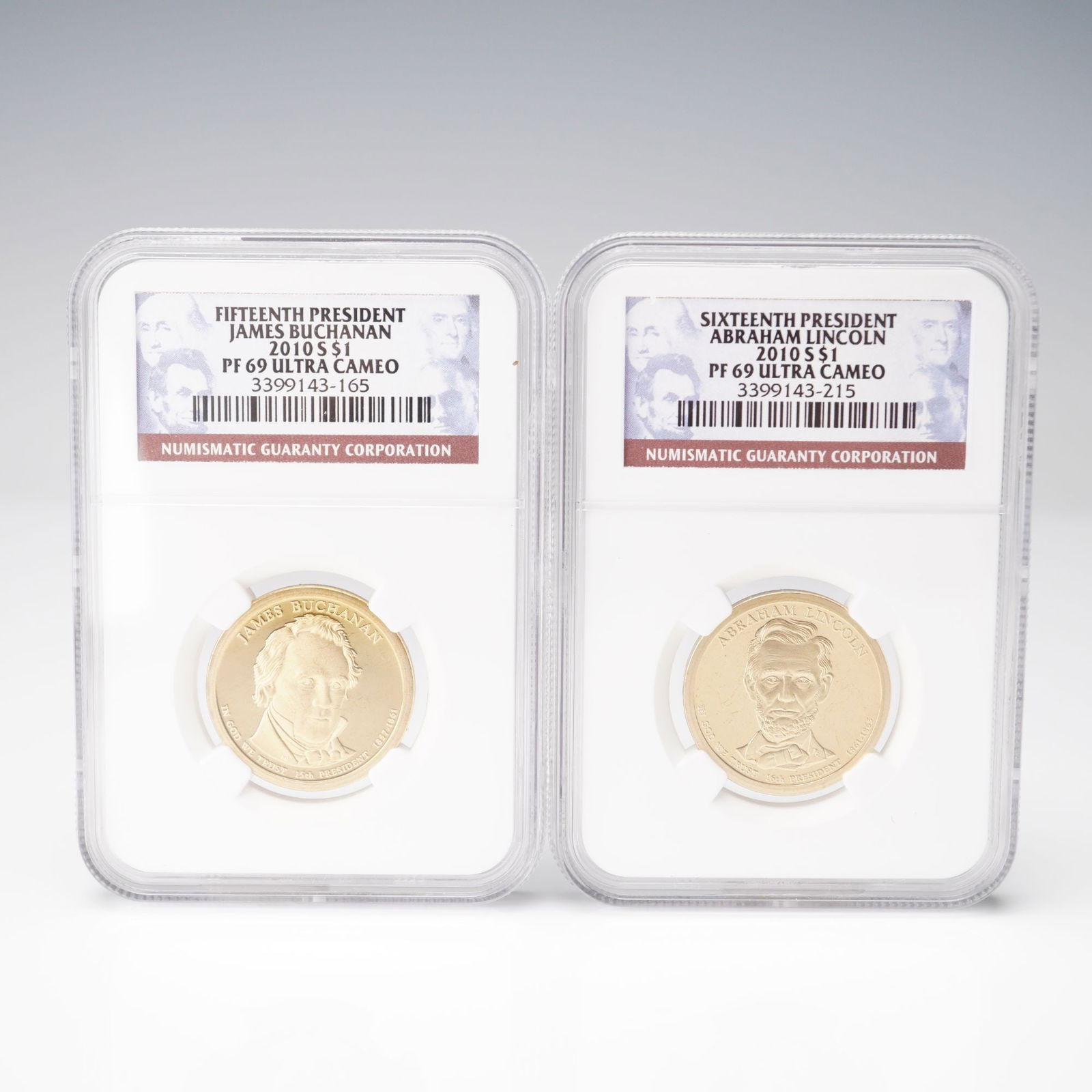 2pc 2010-S Presidential Dollar Coins NGC Graded PF69 Ultra Cameo: Each certified and encapsulated by NGC with a grade of PF69 Ultra Cameo. These proof coins were minted in San Francisco and feature the Fifteenth President, James Buchanan, and the Sixteenth President