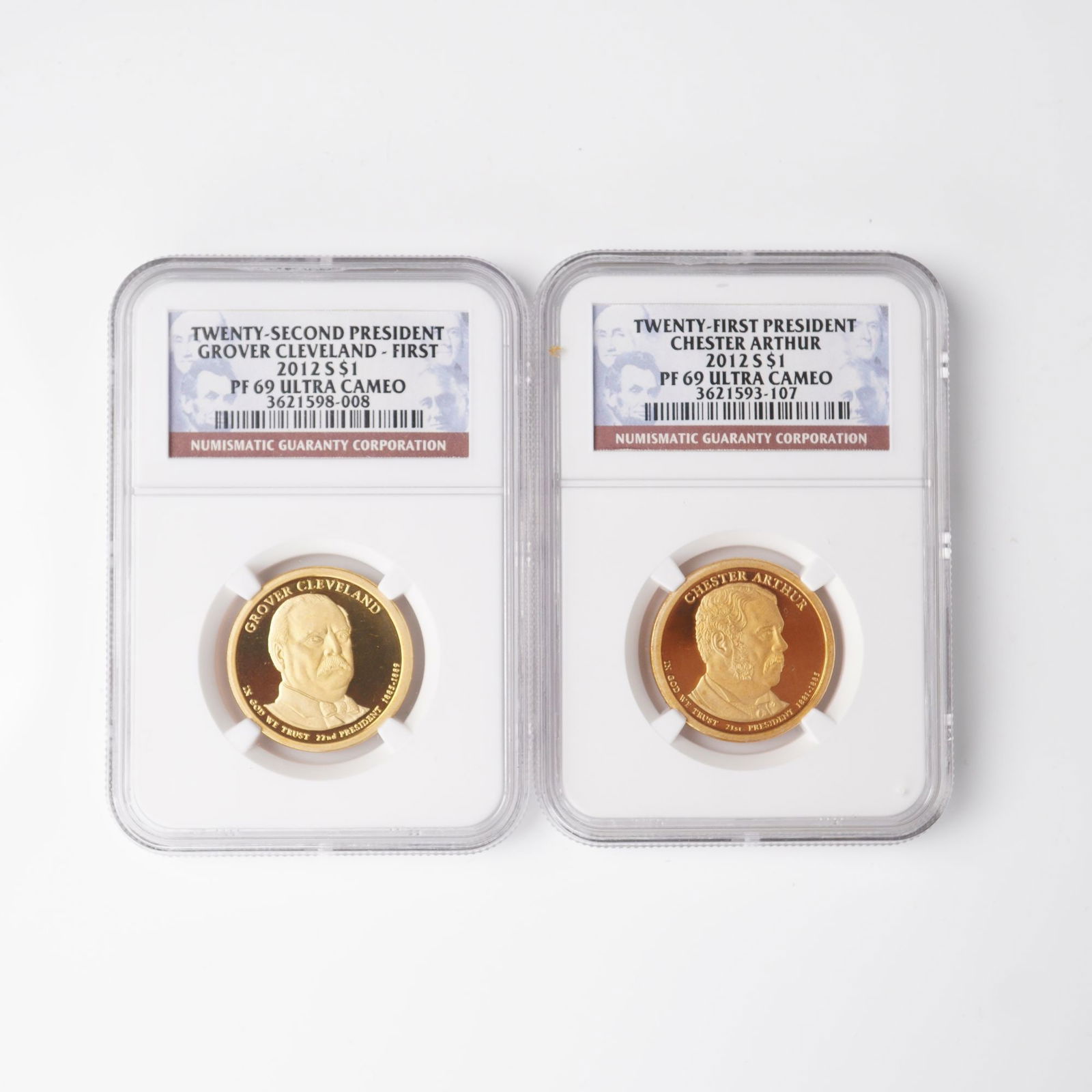 2pc 2012 S G. Cleveland & C. Arthur Presidential Dollar Coins NGC PF69: This 2pc set includes the 2012 S Grover Cleveland and Chester Arthur Presidential Dollar Coins, both part of the US Mint's Presidential $1 Coin Program. Each coin is graded by NGC as PF69 Ultra Cameo,