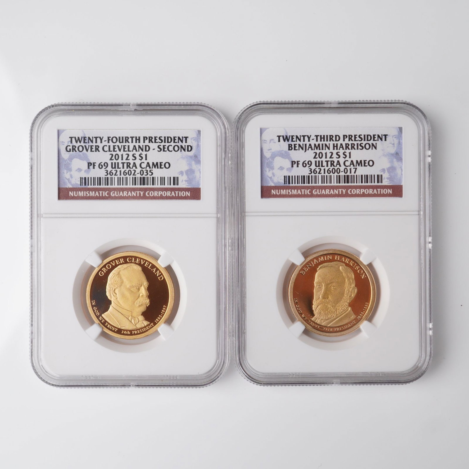 2pc 2012-S Cleveland & Harrison Presidential Dollar Coins NGC PF 69: This 2pc set includes 2012 S Grover Cleveland and Benjamin Harrison Presidential $1 Coins, both graded by NGC as PF 69 Ultra Cameo. Minted at the San Francisco Mint, these coins feature beautifully de