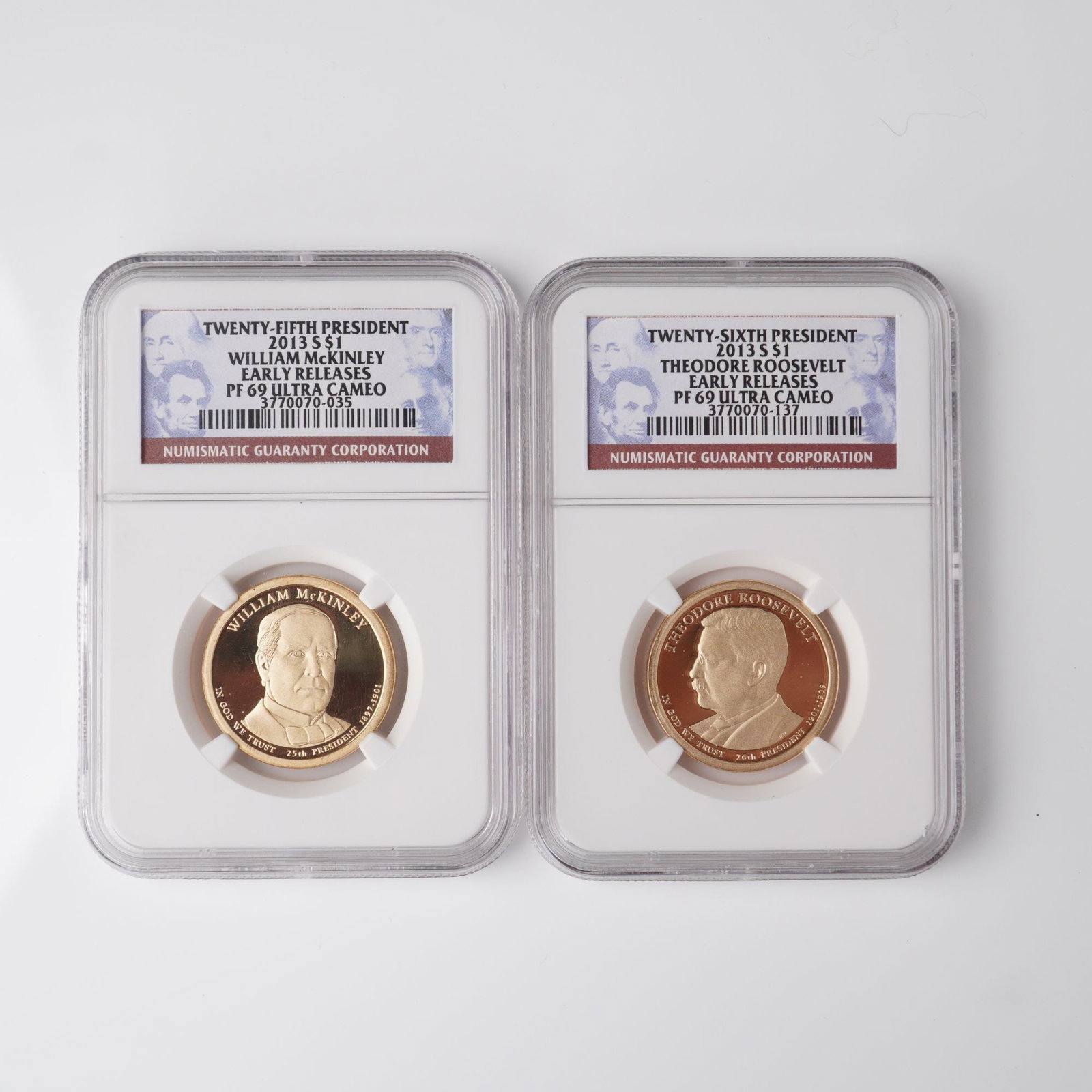 2pc 2013 William McKinley & Theodore Roosevelt Dollar Coins PF 69: This 2pc set features the 25th and 26th Presidents of the United States, William McKinley and Theodore Roosevelt, from the 2013 Presidential $1 Coin Program. Both coins are graded by NGC with a PF 69 