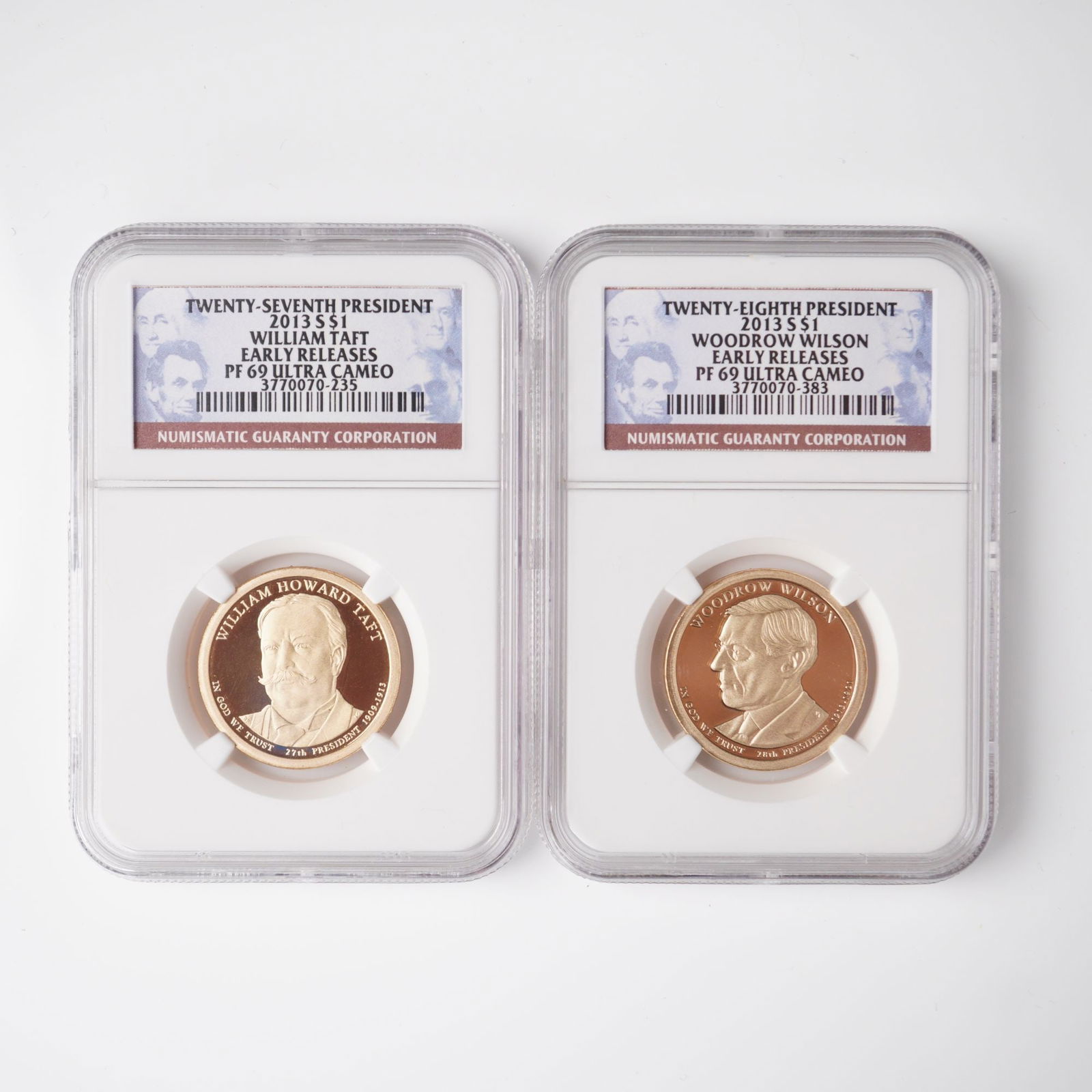 2pc 2013-S U.S. Presidential Dollar Coins, Taft & Wilson, PF69 Ultra Cameo: This set includes two 2013-(S) U.S. Presidential Dollar Coins, featuring William Taft (27th President) and Woodrow Wilson (28th President). Both coins are certified by NGC as PF69 Ultra Cameo, indicat
