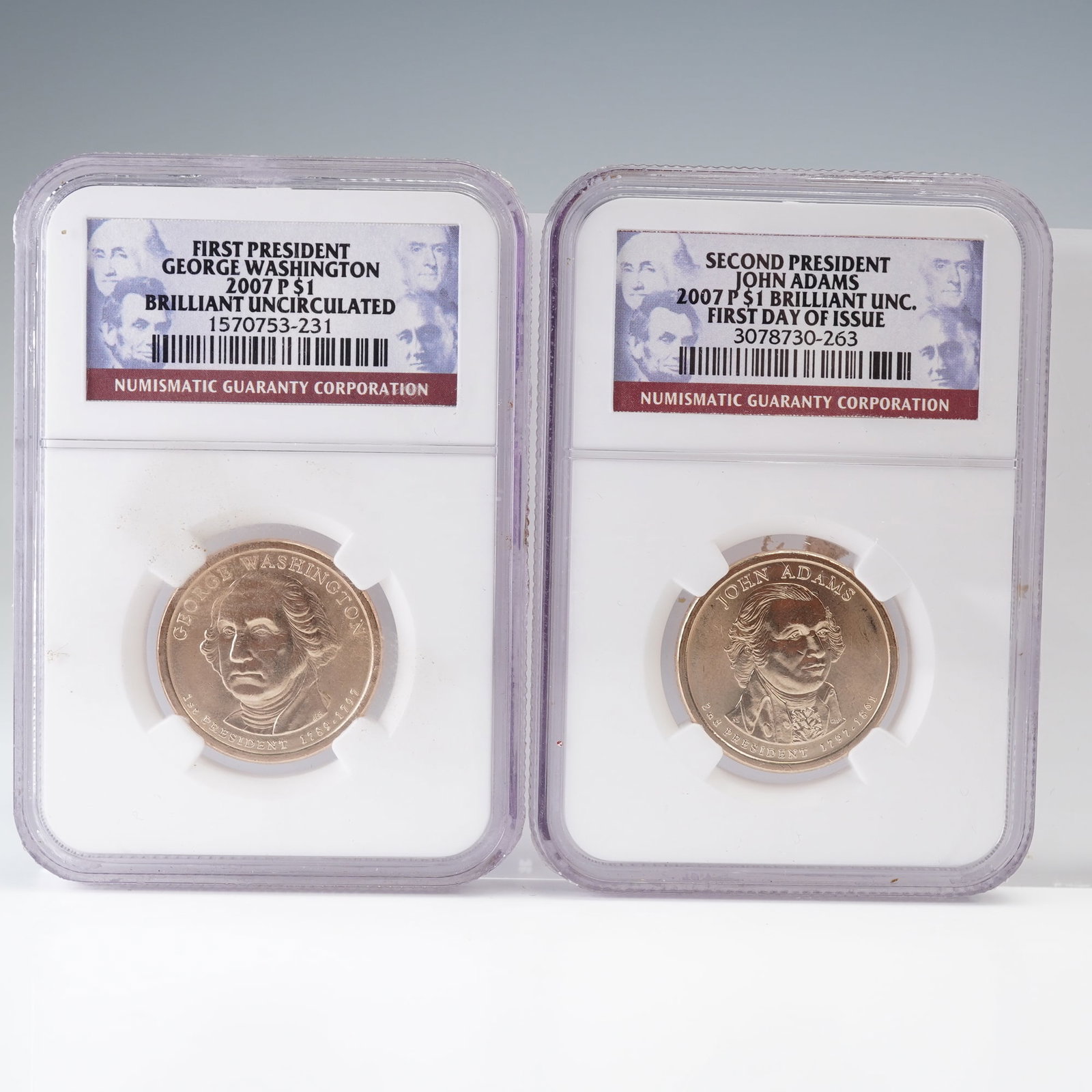 2pc 2007-P 1st President George Washington & 2nd President John Adams Coins: Each coin struck in a manganese-brass clad composition containing no precious metal. The set includes a George Washington dollar graded by NGC as Brilliant Uncirculated, featuring an obverse portrait 