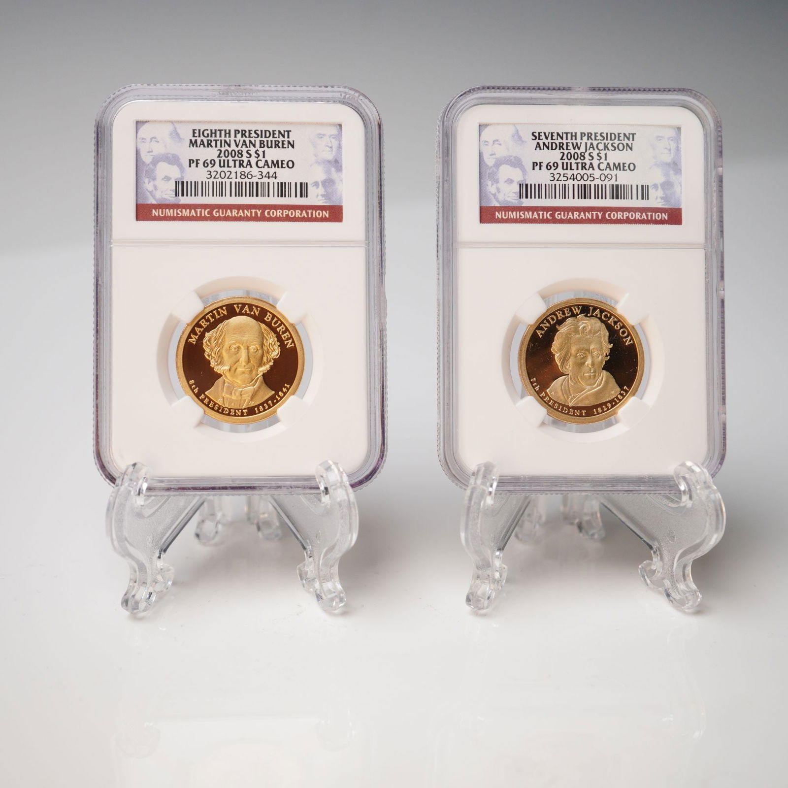 2pc 2008-S Martin Van Buren & Andrew Jackson Dollar Coins NGC Graded PF 69: Two NGC-certified proof coins from the Presidential Dollar Series. Obverses feature portraits of the 7th President Andrew Jackson and the 8th President Martin Van Buren, each inscribed with their name