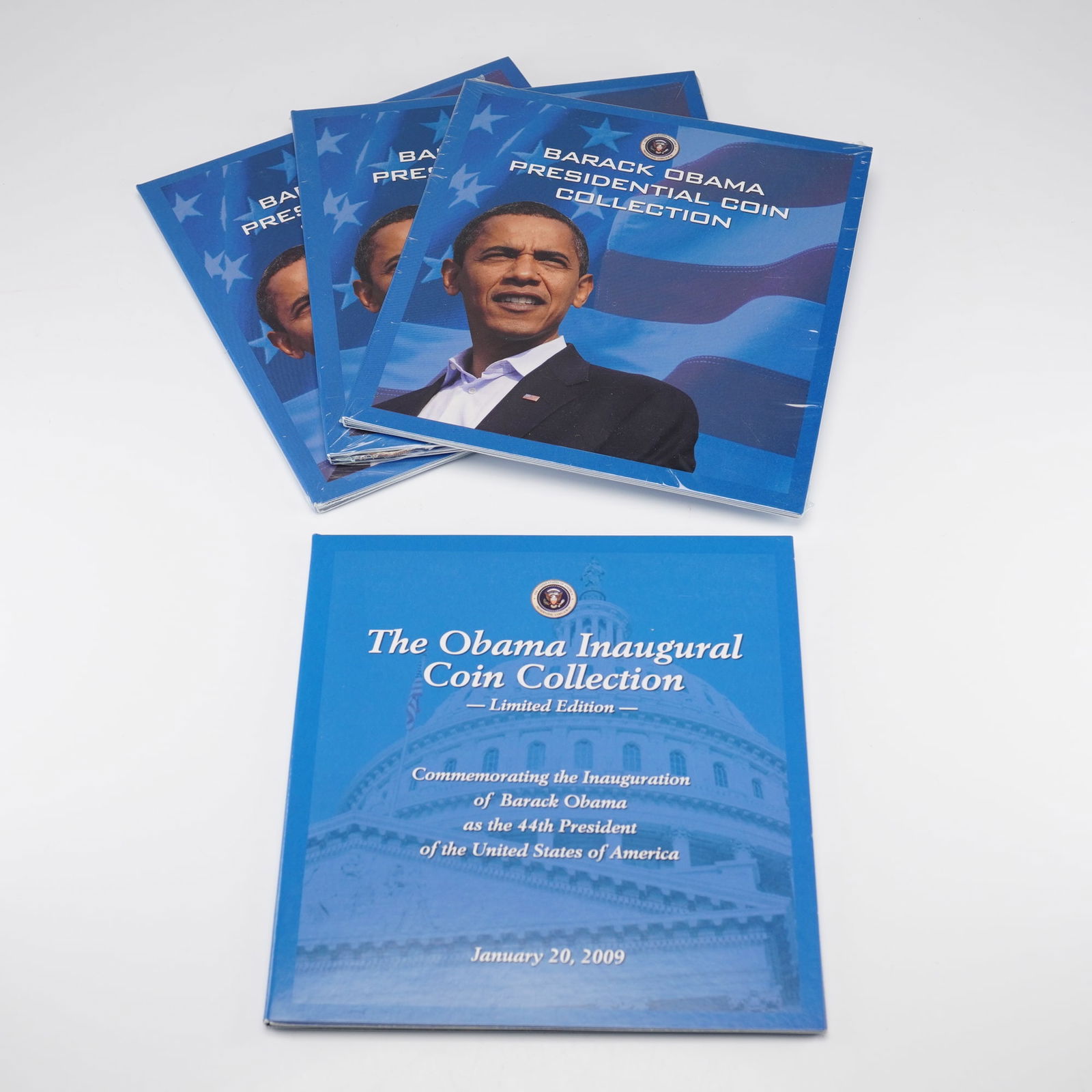 4pc 2009 Obama Inaugural & Presidential Coin Collections: Obama coin collections, including one Obama Inaugural Coin Collection (Limited Edition) and three sealed Barack Obama Presidential Coin Collection sets. The inaugural set commemorates the January 20,