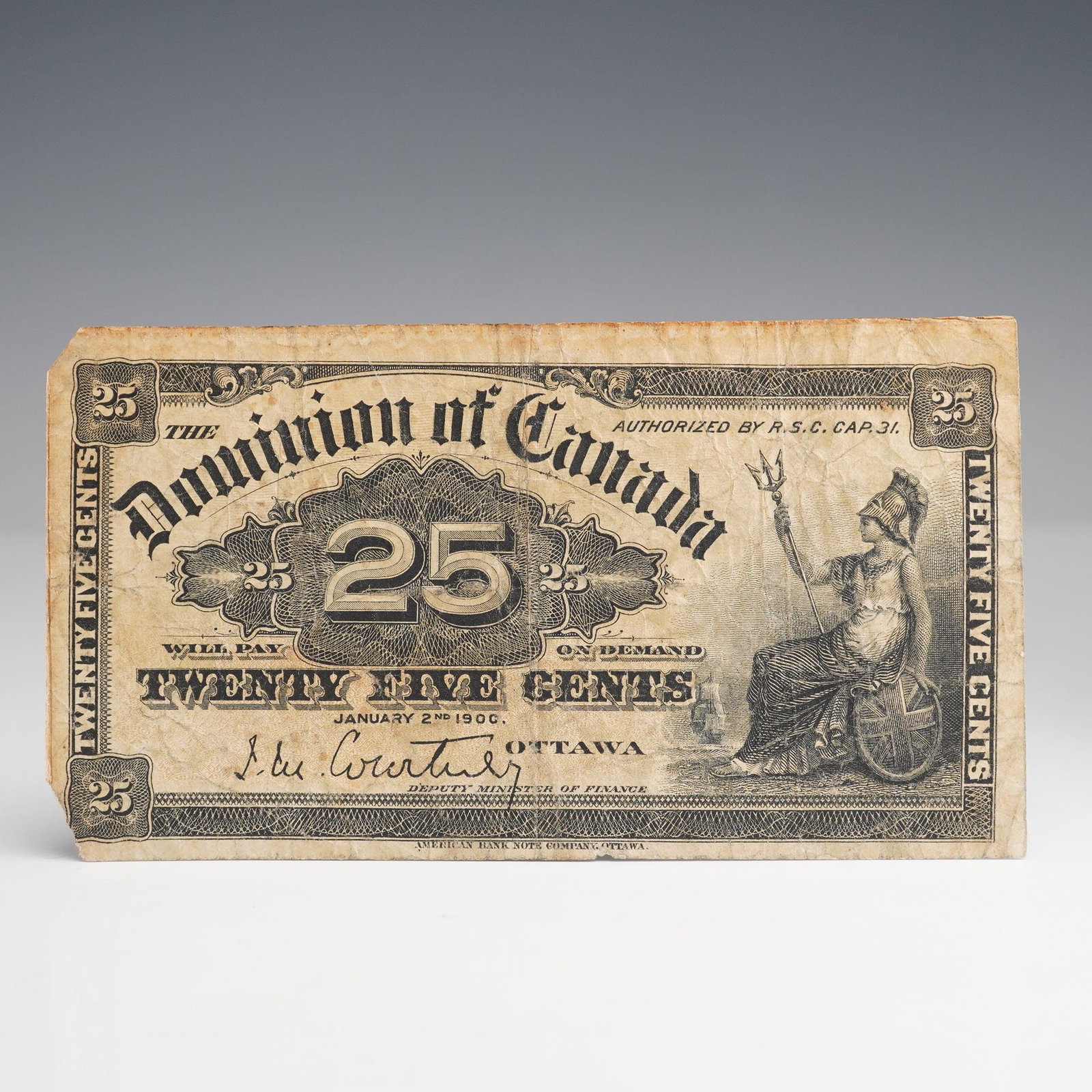 1900 The Dominion of Canada Twenty Five Cents: Canada twenty-five cent fractional banknote, popularly known as a "shinplaster," issued at Ottawa and authorized under R.S.C. Cap. 31. The obverse features a bold central 25 counter within an ornate f
