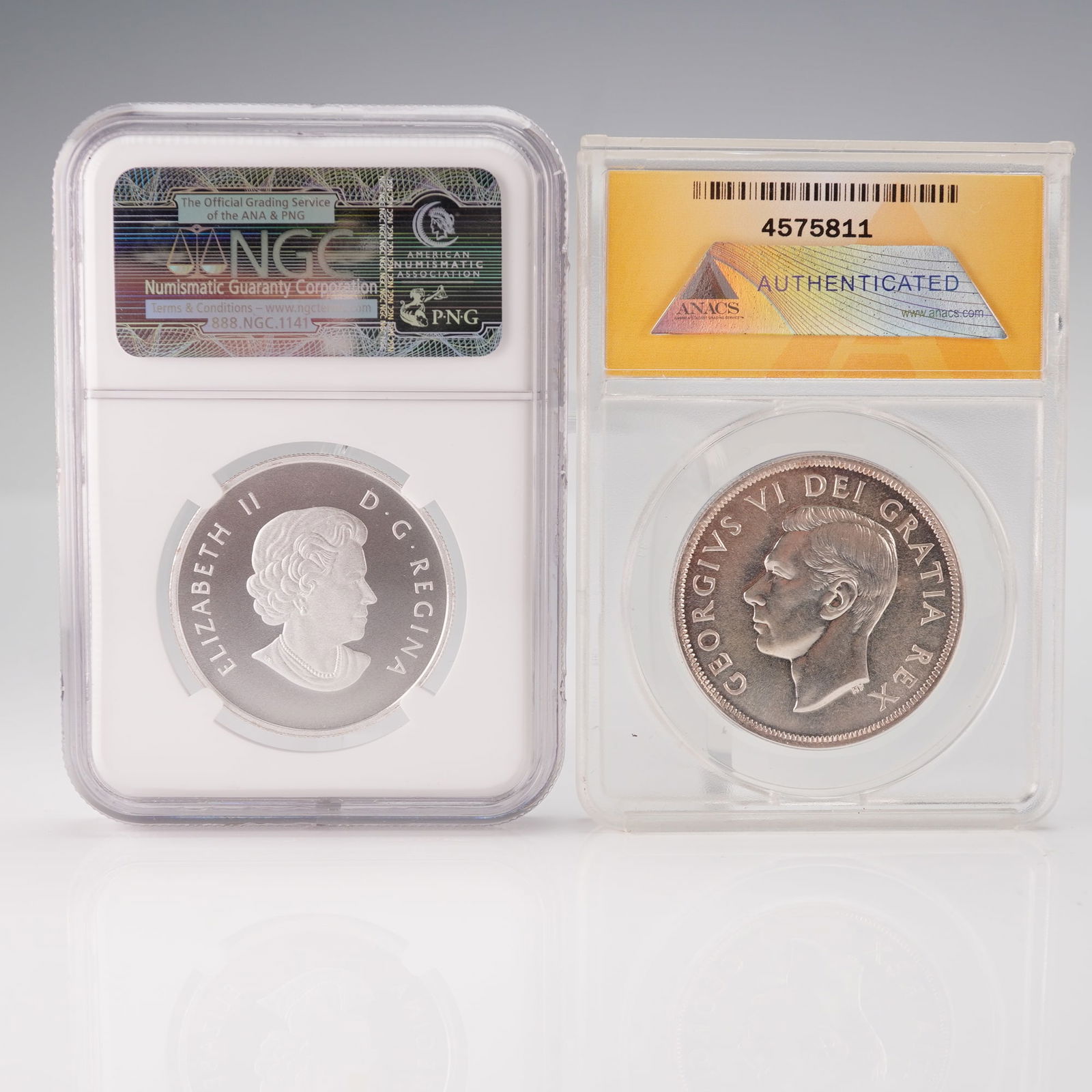2pc Graded Canadian Silver Coins: A 2013 $10 Proof and a 1949 Dollar Coin: A pair of graded Canadian silver coins, comprising: a 2013 Canadian 10-dollar proof coin, graded PF 70 MATTE by NGC, featuring a youthful effigy of Queen Elizabeth II with the inscription ELIZABETH II
