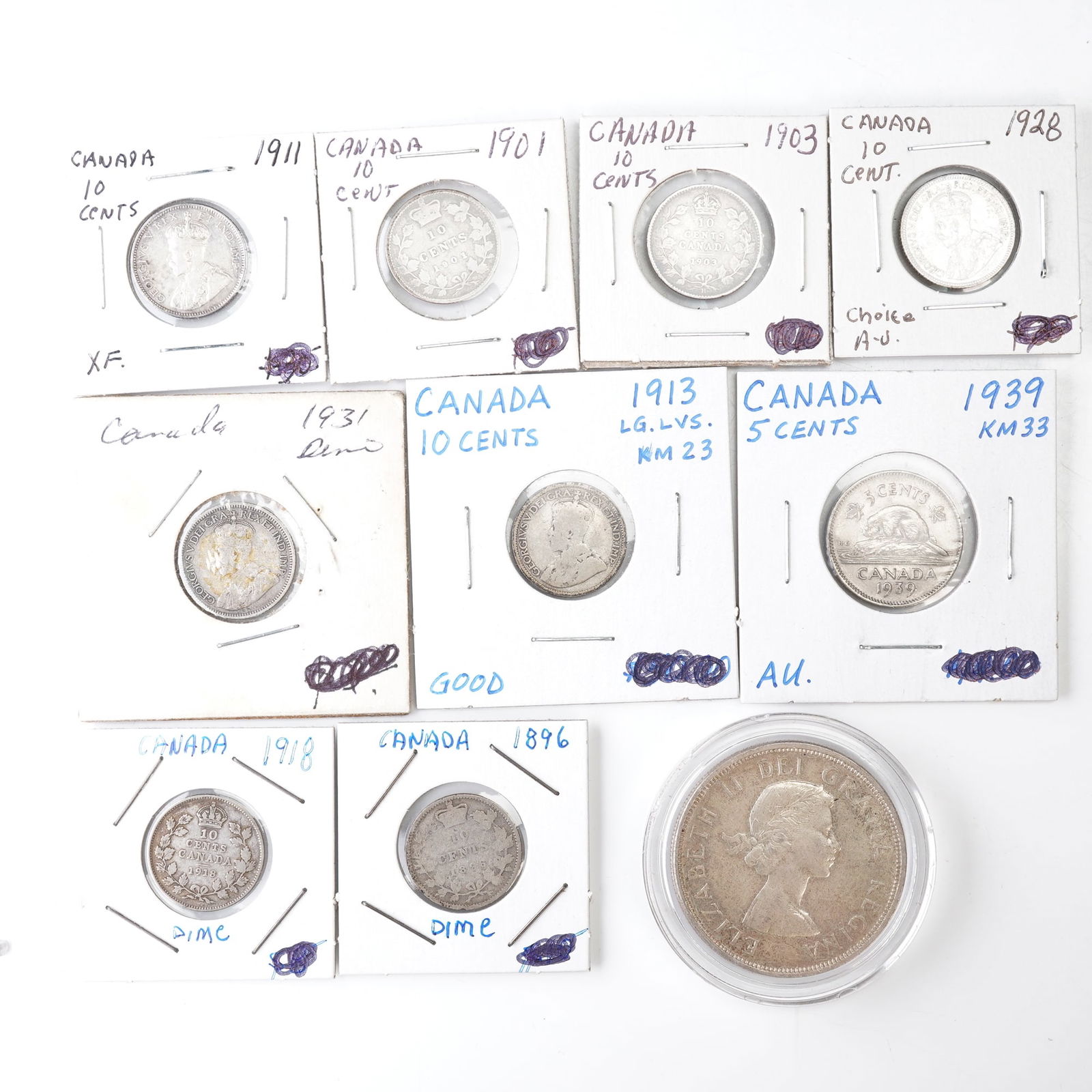 10pc Canadian 1896 to 1931 10 Cent, 1939 5 Cent, & 1961 Dollar Coins (1 of 6)
