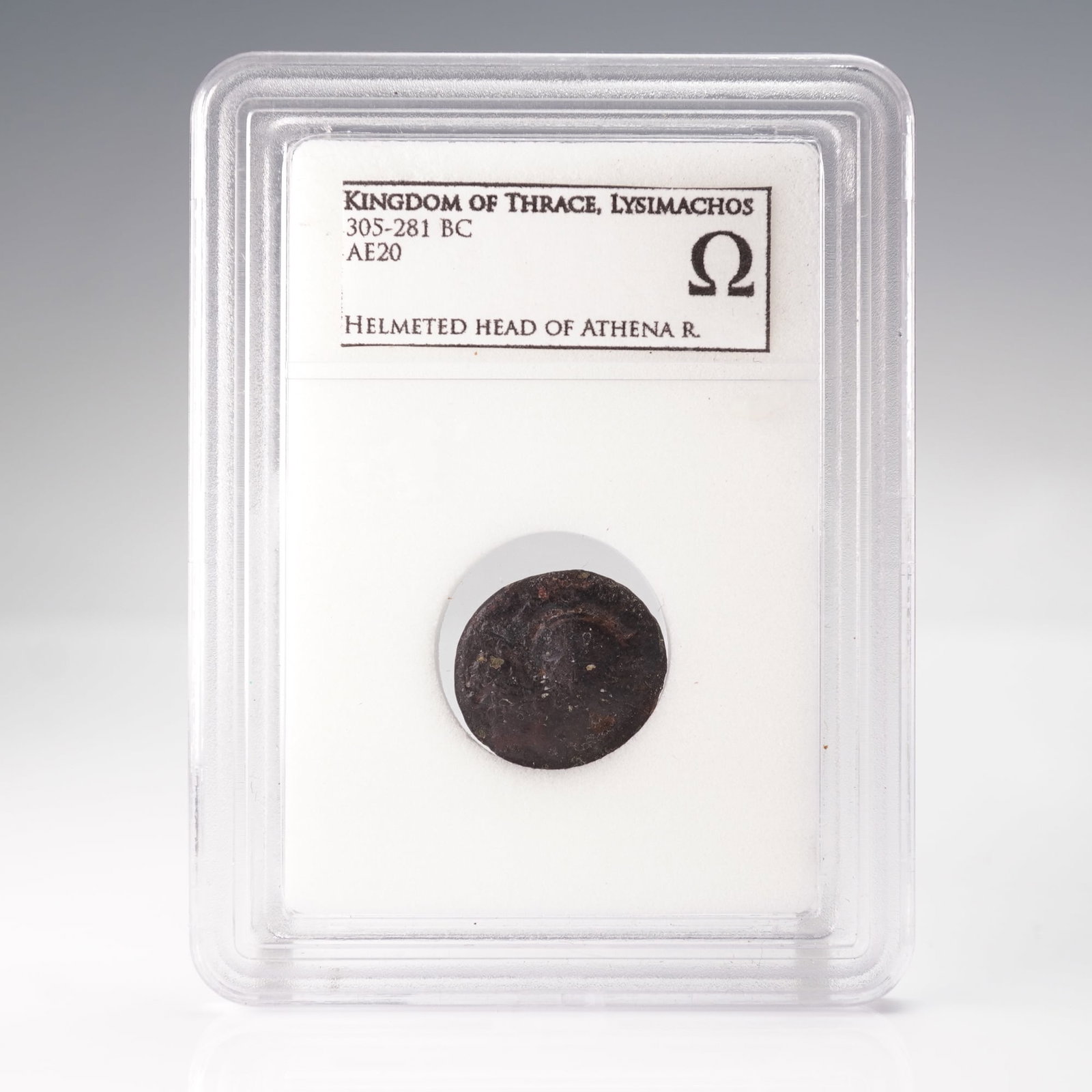 Thrace Lysimachus 305-281 BC AE20 Bronze Mo?"LLER 76 Coin: Kingdom of Thrace, Lysimachus (305-281 BC). Design Type: Helmeted Head of Athena / Lion Leaping. Catalog References: Mo?"LLER 76; SNG COPENHAGEN 1153. Key Identifiers: EM monogram and spearhead below