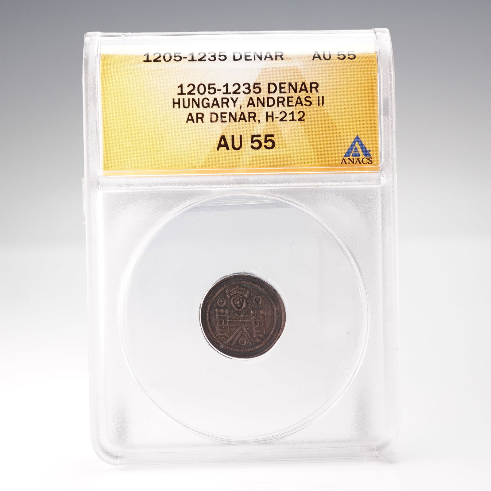 1205 - 1235 Hungary Andreas II AR Denar ANACS AU55: A silver Denar (Denier) coin from the Kingdom of Hungary, attributed to the reign of Andrew II of Hungary (c. 1177-1235) and cataloged as H-212. The obverse features a fort wall with two bastions on s