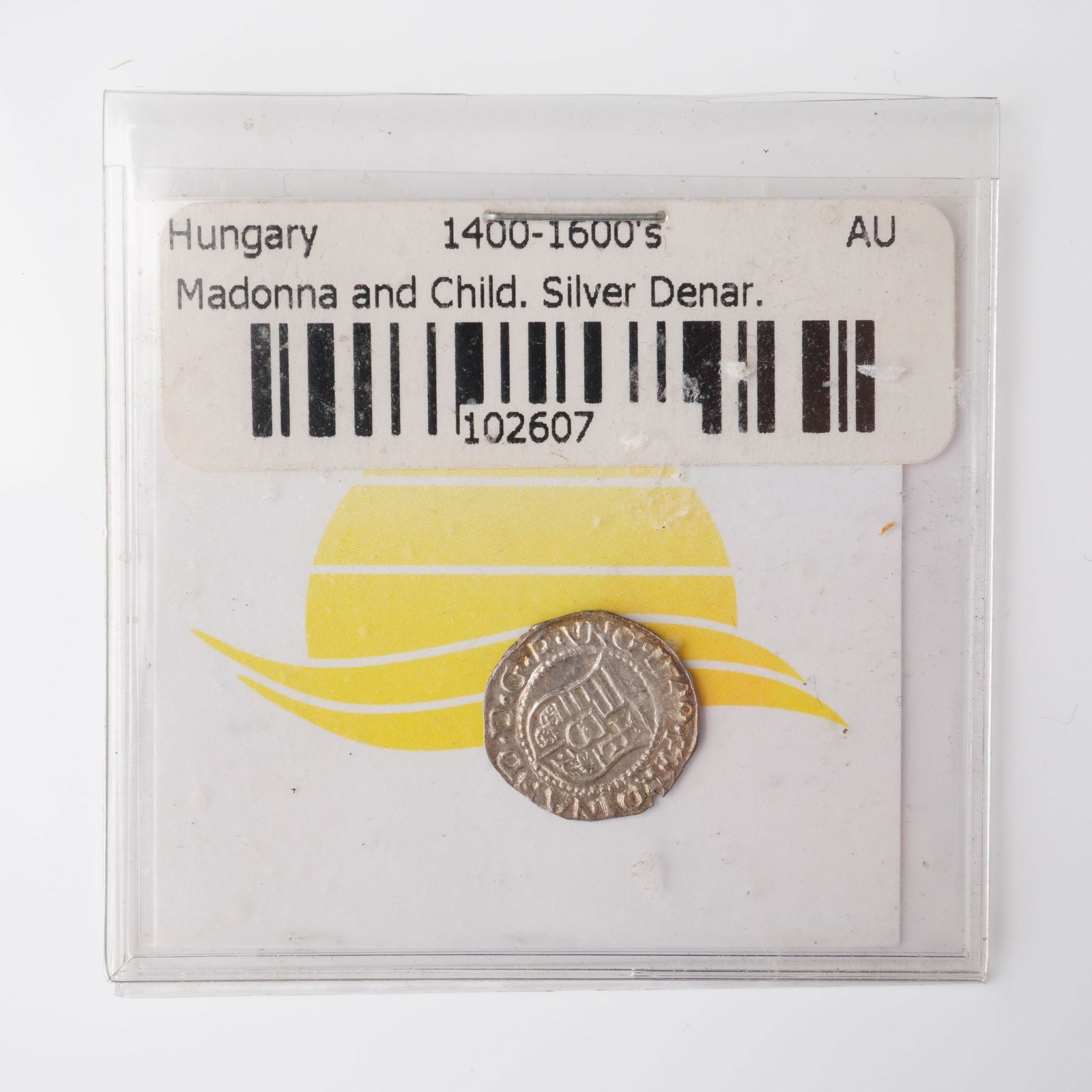 1400-1600s Hungary Madonna and Child Silver Denar: A medieval Hungary silver denar dating between the 1400s and 1600s, depicting the Madonna and Child on the reverse, a design long associated with Hungarian coinage of the late medieval and early moder