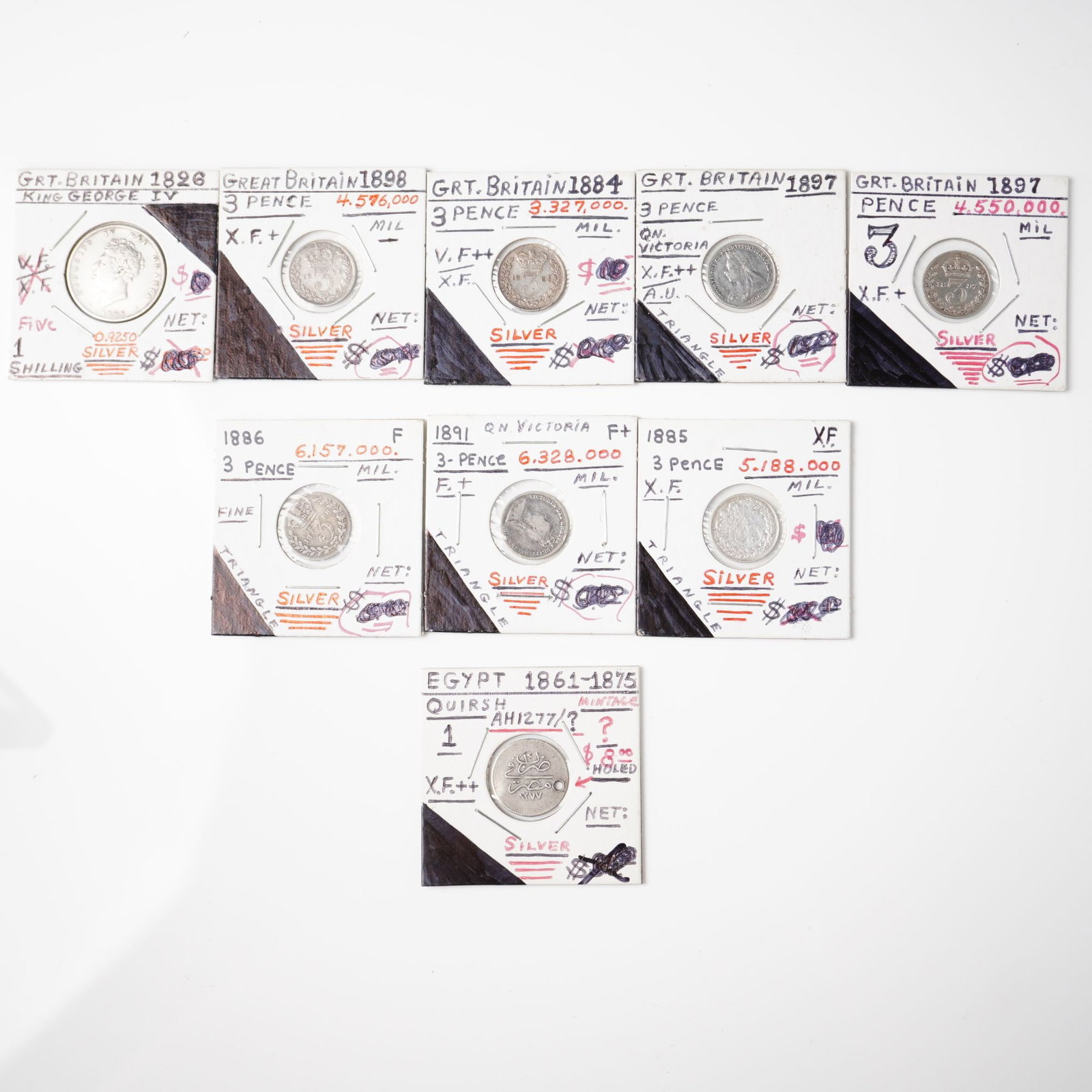 9pc 1861 to 1875 Egyptian Quirsh & 1826 to 1897 British Coins: This lot includes nine historic silver coins representing Great Britain and Egypt. The British selection comprises eight coins struck during the reigns of King George IV and Queen Victoria, featuring 