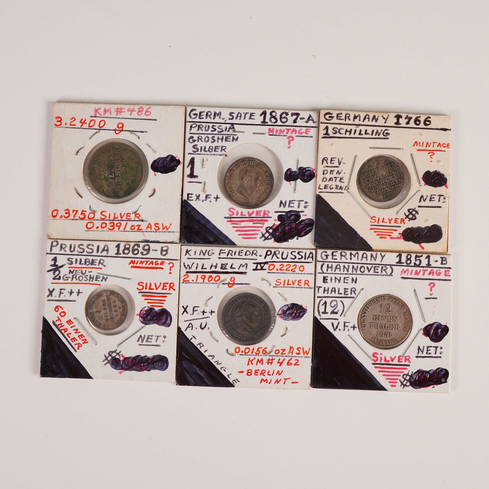 6pc German 1766 1 Shilling & 1851 to 1870 2 1/2, 1, 1/2 Silbergroschen Coin: he 1766 German 1 Schilling displays a crowned inscription with denomination on the reverse; silver content not specified. The 1851-B Hannover Einen Thaler shows a portrait of ERNST AUGUST on the obver