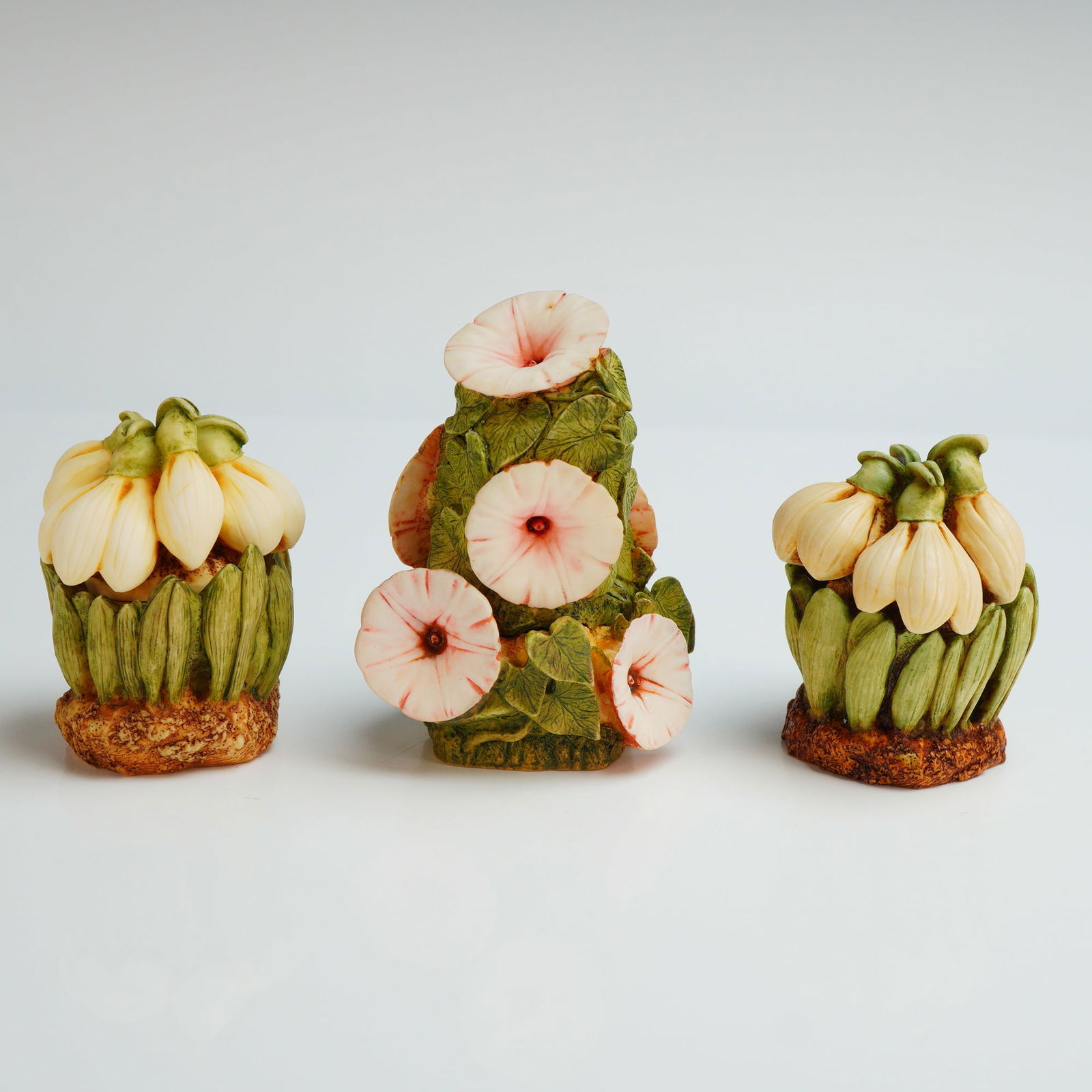 3pc Harmony Kingdom Trinket Boxes, Morning Glory and Snowdrops: From the Harmony Garden series, including one Morning Glory and two Snow Drop figurines. These late pieces are constructed from crushed marble resin and feature a naturalistic texture with a hand-pain