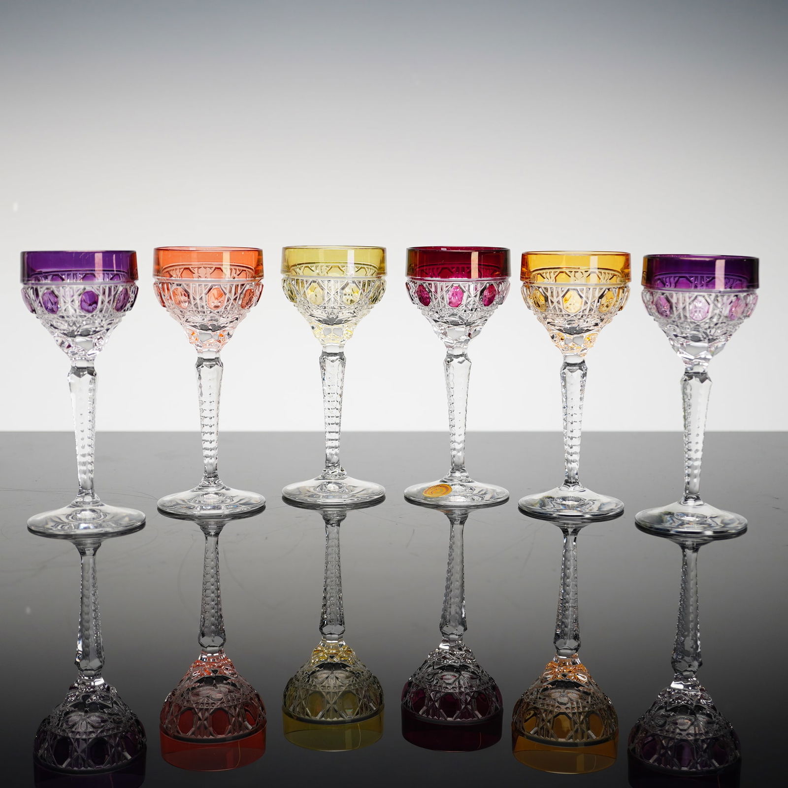 6 West German Cased Cut-to-Clear Multi-Color Crystal Hock Glasses (1 of 4)
