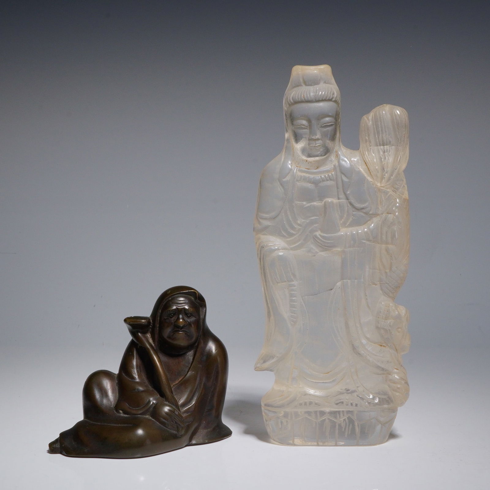 2pc Figurines Including a Rock Crystal Guanyin and a Bronze Daruma (1 of 5)
