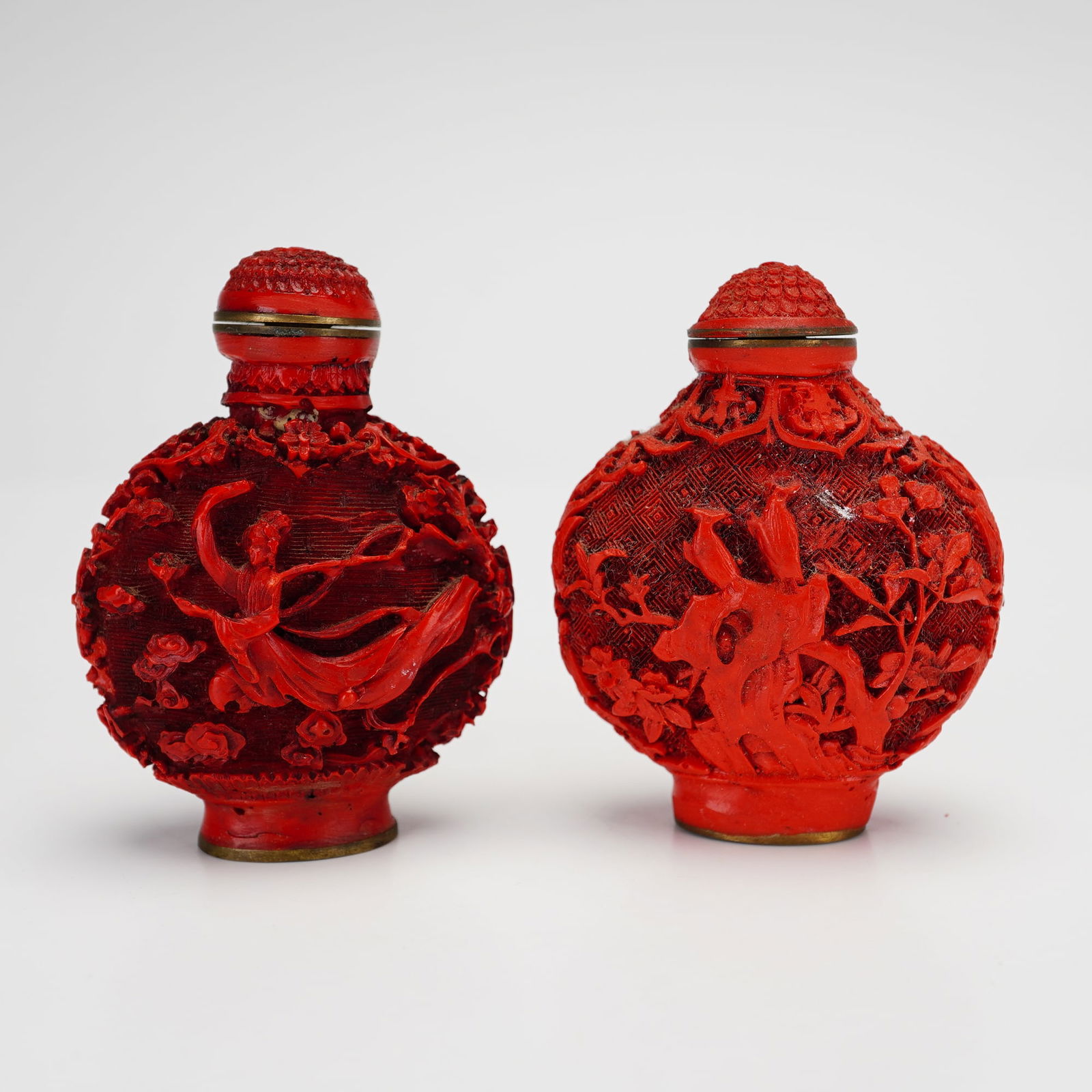 2pc Chinese Carved Cinnabar Snuff Bottles (1 of 5)