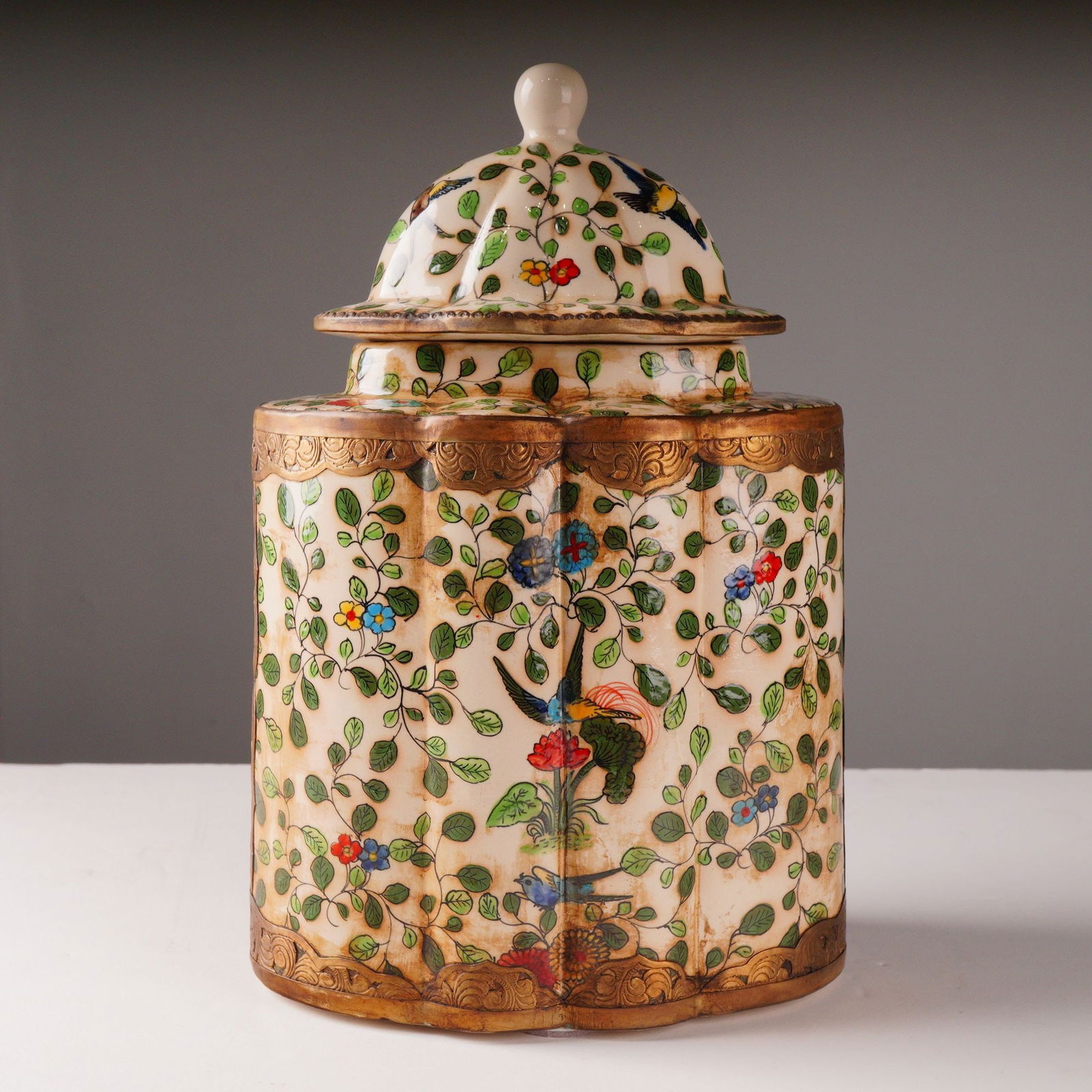 Chinoiserie Style Ceramic Lidded Ginger Jar w/ Hand-Painted Bird & Foliage (1 of 5)