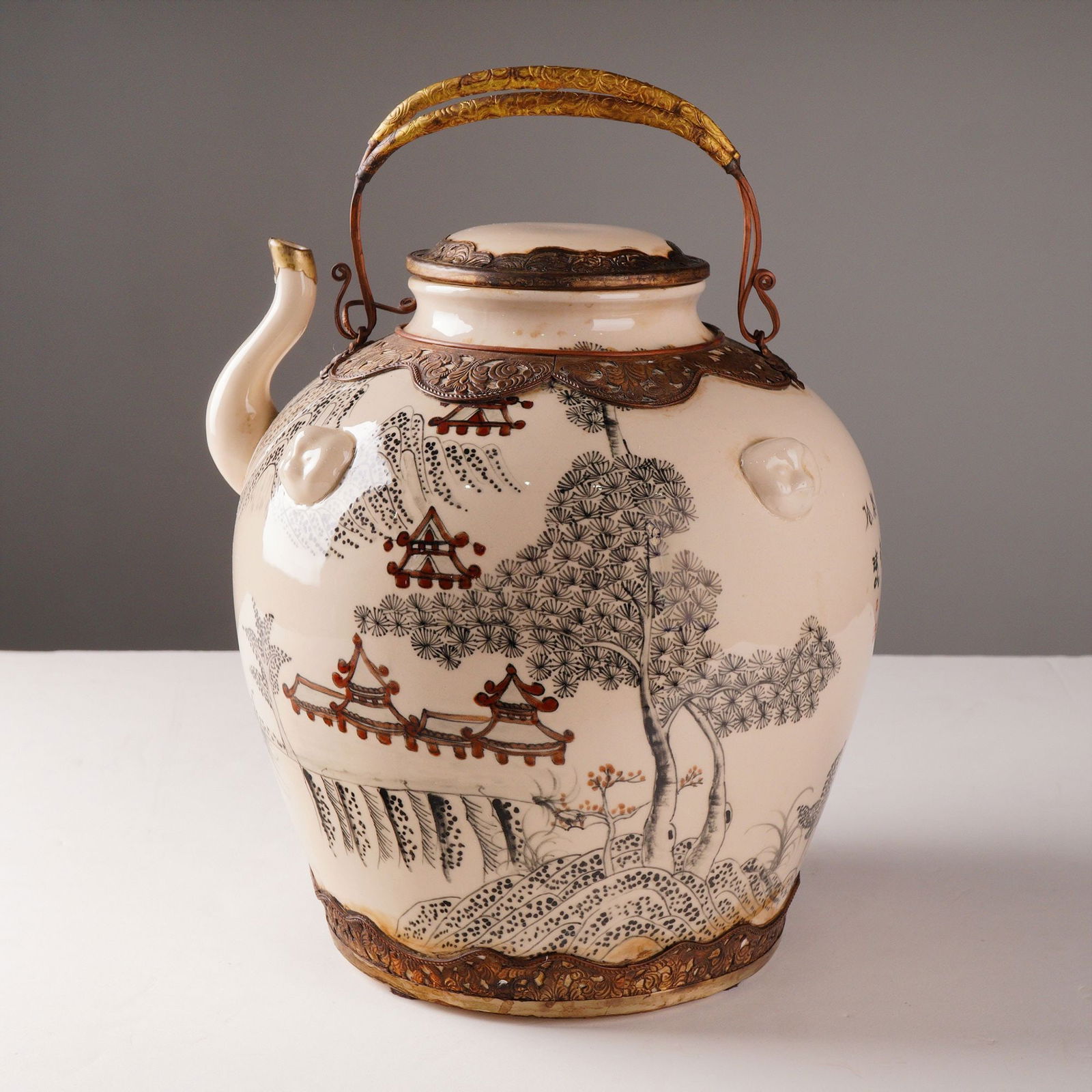 Large Asian Ceramic Lidded Kettle with Landscape Decoration (1 of 5)