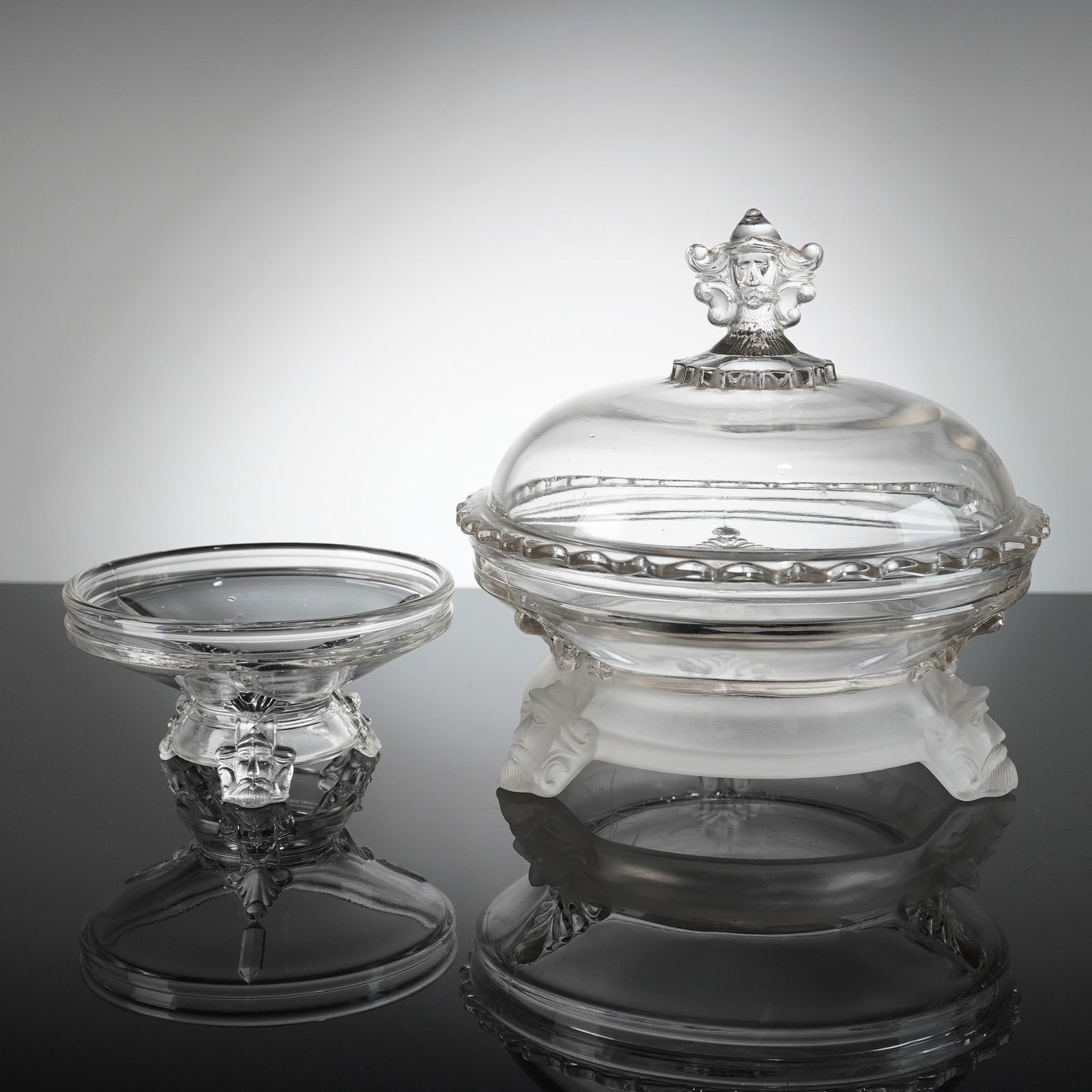 2pc Hobbs Brockunier & Co. EAPG Covered Butter Dish, Viking: Manufactured by J.H. Hobbs Brockunier & Co. in the Viking pattern. Executed in colorless press-molded glass, utilizing a contrasting satin finish for decorative elements. Including one covered circula