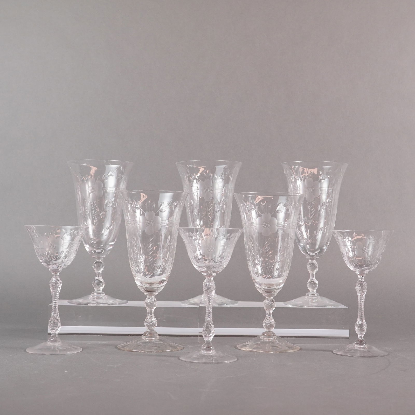 A Collection of Eight Cambridge Etched Crystal Stemware (1 of 3)