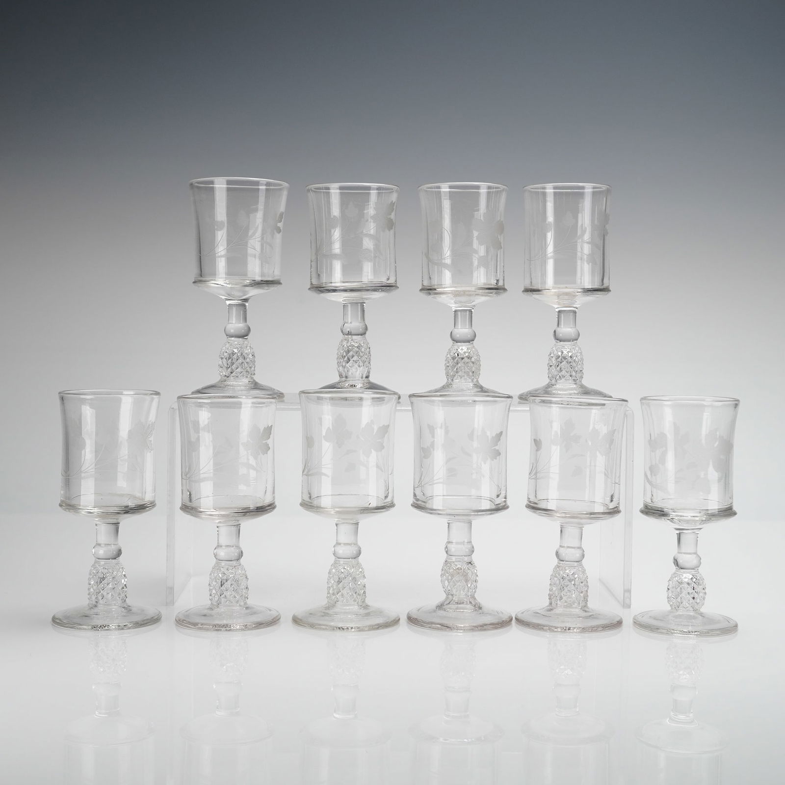 10pc Etched Cordial Glasses with Faceted Knop Stems (1 of 3)