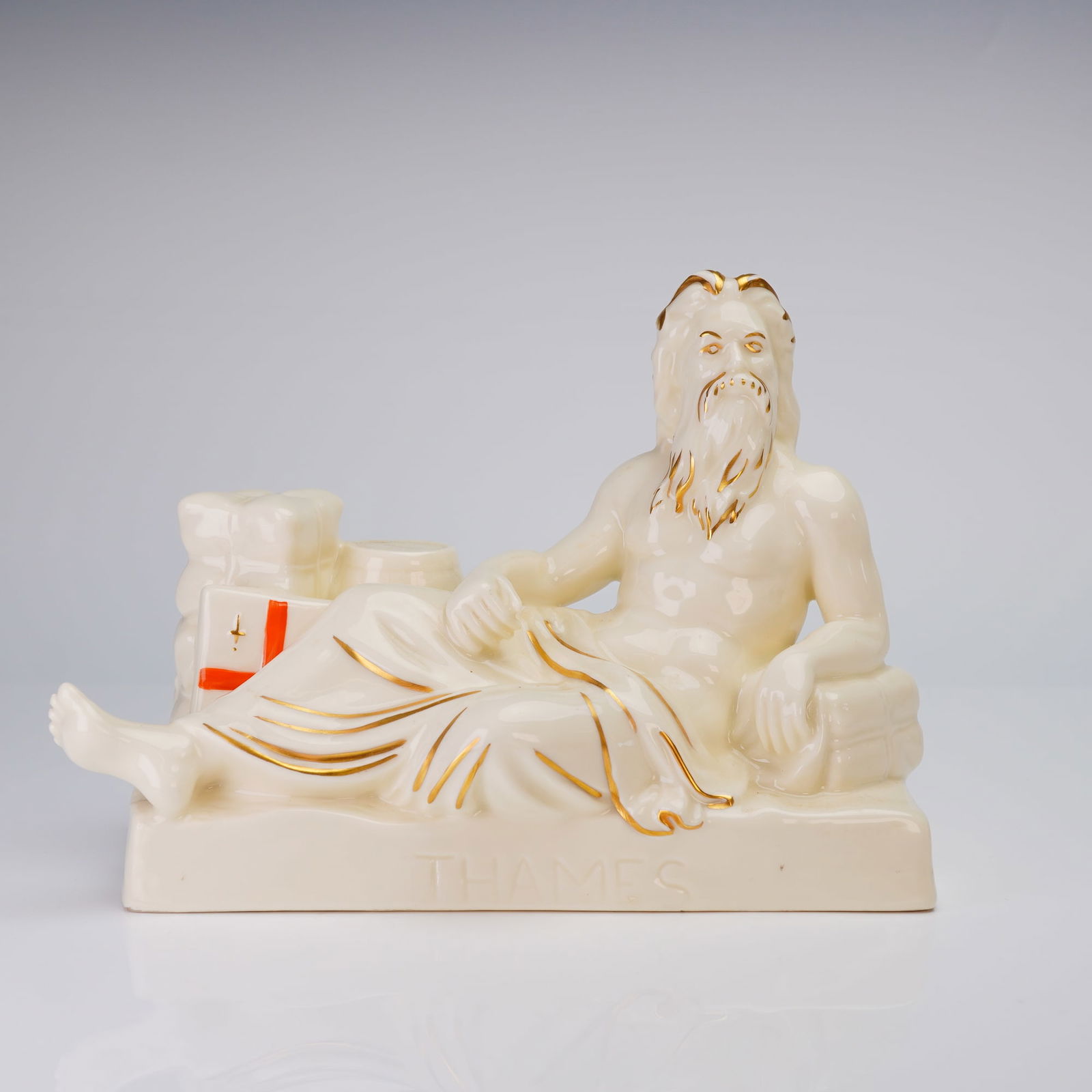 Royal Doulton Glazed Ceramic Figurine Old Father Thames HN 2982: A single glazed ceramic figurine manufactured by Royal Doulton, titled "Old Father Thames," model number HN 2982. The figurine is styled after the Neo-Classical or Victorian allegorical representation