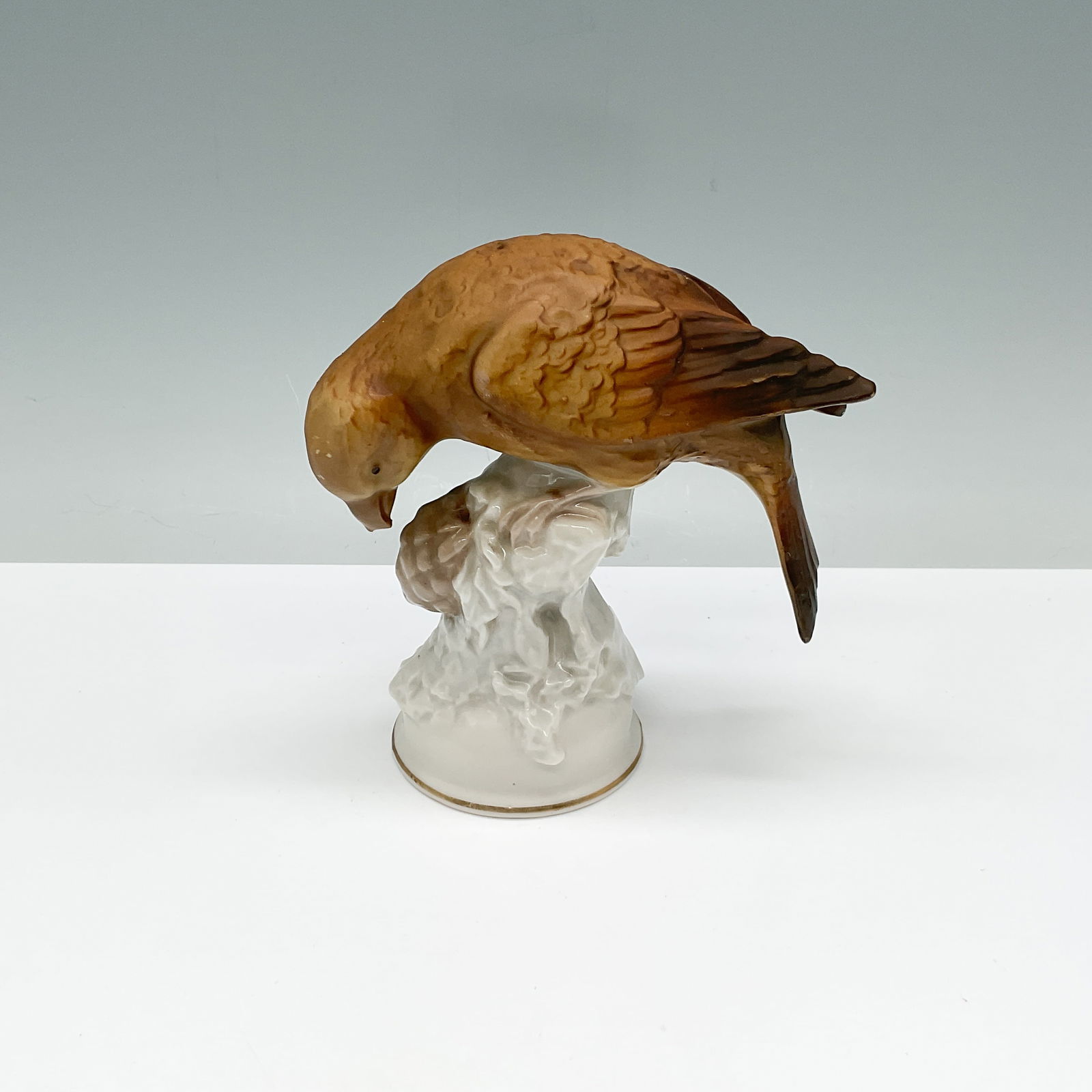 Dresden Porcelain Figurine, Bird: A finely crafted Dresden porcelain bird figurine featuring a beautifully hand-painted brown bird perched on a naturalistic base. The figure displays exquisite detail, from the intricate feather