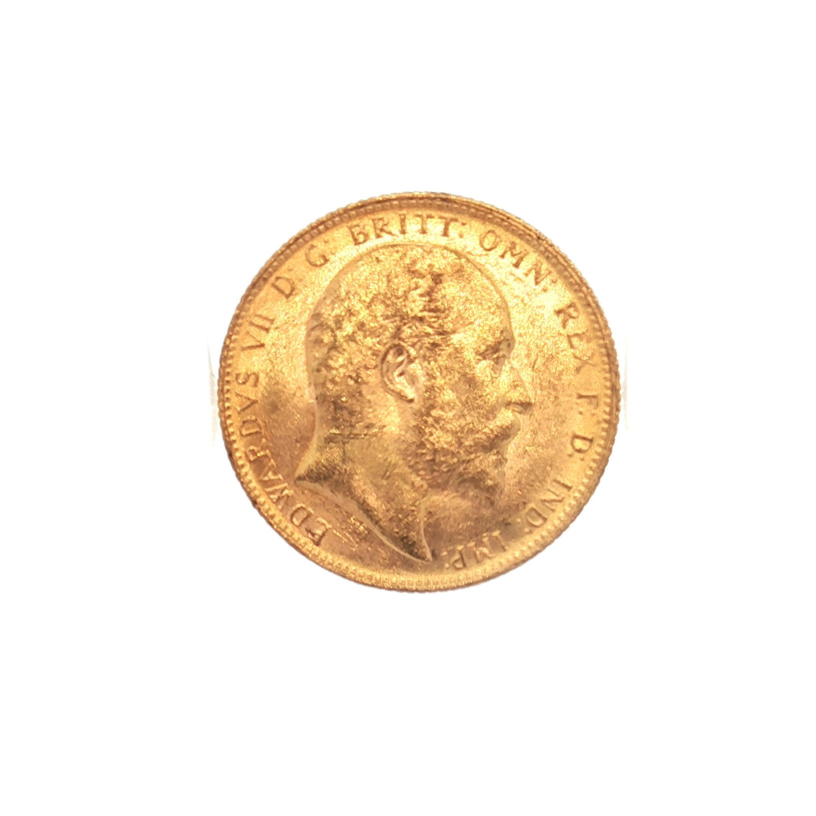 1905 UK 1 Sovereign King Edward VII Gold Coin: 1905 United Kingdom 1 Sovereign gold coin struck by the Royal Mint. The obverse features the uncrowned right-facing portrait of King Edward VII with surrounding legend. The reverse depicts Saint Georg