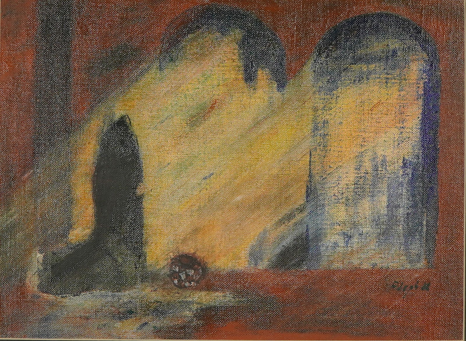 Rafael Aleph Oil on Canvas Board Abstract Expressionist Composition: This abstract expressionist oil on canvas board painting depicts a dark, hooded figure positioned within a vertical shaft of light, set against a background of arched architectural forms. The work is