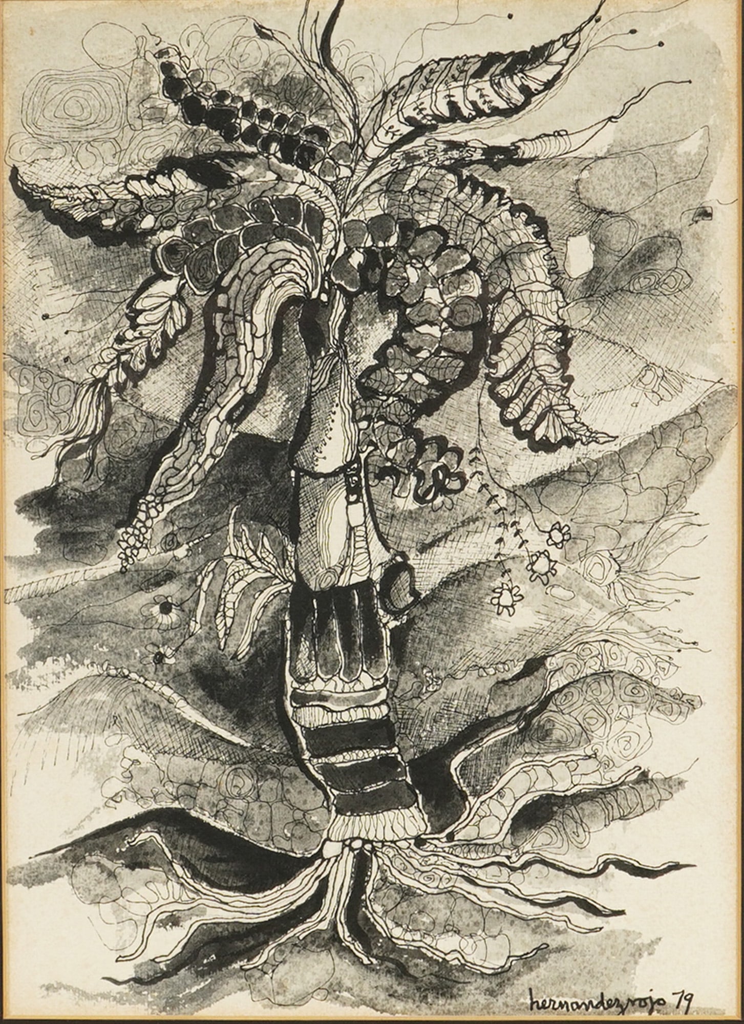 Julio Hernandez Rojo (Cuban b. 1937) Ink & Wash Drawing, Palm Tree, Signed: This original work on paper by Cuban artist Julio Hernandez Rojo depicts an abstracted palm tree set in an ethereal landscape. The composition is executed using pen and ink with wash, incorporating