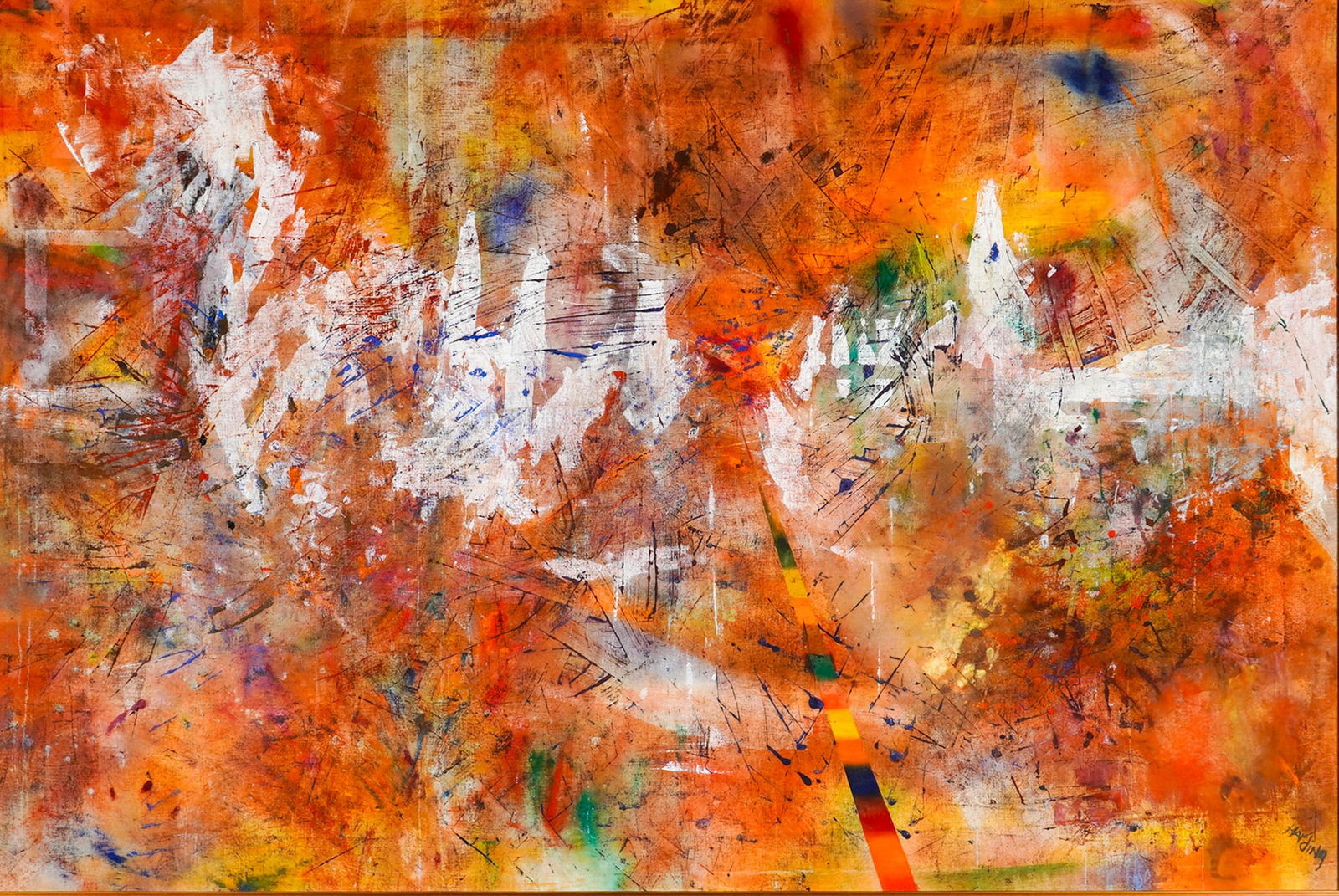 Large Mixed Media Abstract Expressionist Painting on Canvas, Signed Harding: This monumental mixed media abstract expressionist acrylic on canvas by Harding features a vibrant, layered palette dominated by orange and ochre tones, accented with expressive white, red, and blue g