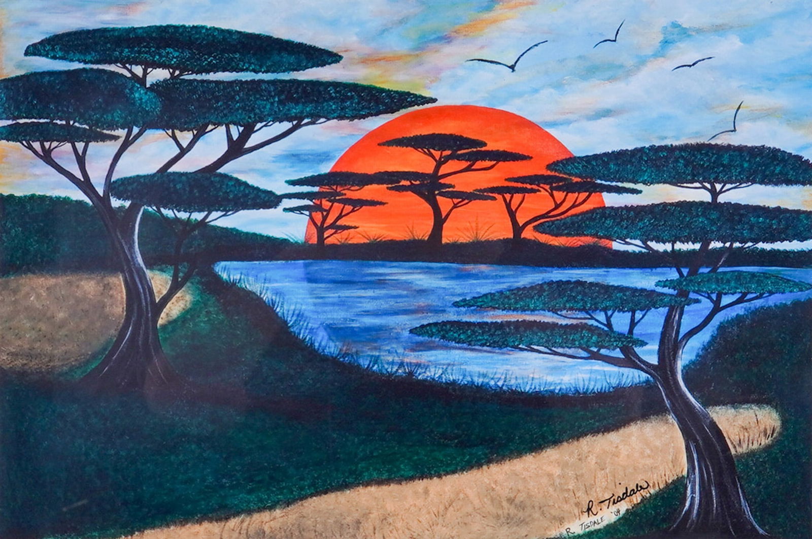 Framed African Savanna Landscape Print Signed R. Tisdale: An R. Tisdale framed landscape print depicting an African savanna at sunset. The composition features stylized umbrella thorn acacia trees and birds in flight over a body of water, centered around a
