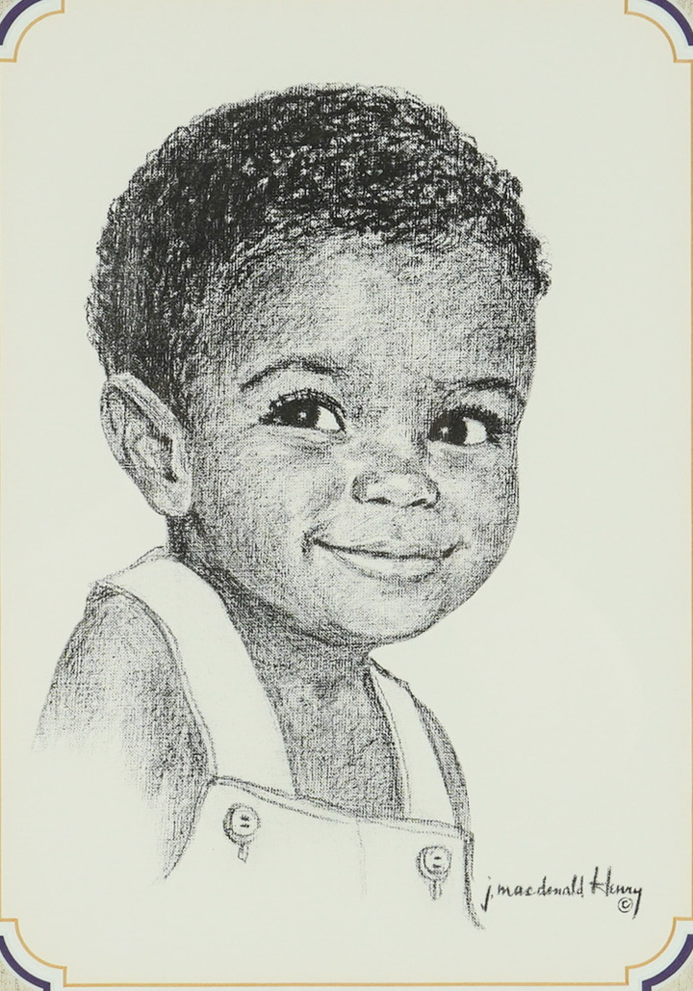 J. MacDonald Henry (Jamaican 1960-2008) Framed Print, Portrait of a Boy: J. MacDonald Henry framed print on paper features the portrait of a boy made in a detailed stippled style on a light ground, and depicting a smiling child in a three-quarter view wearing overalls. The