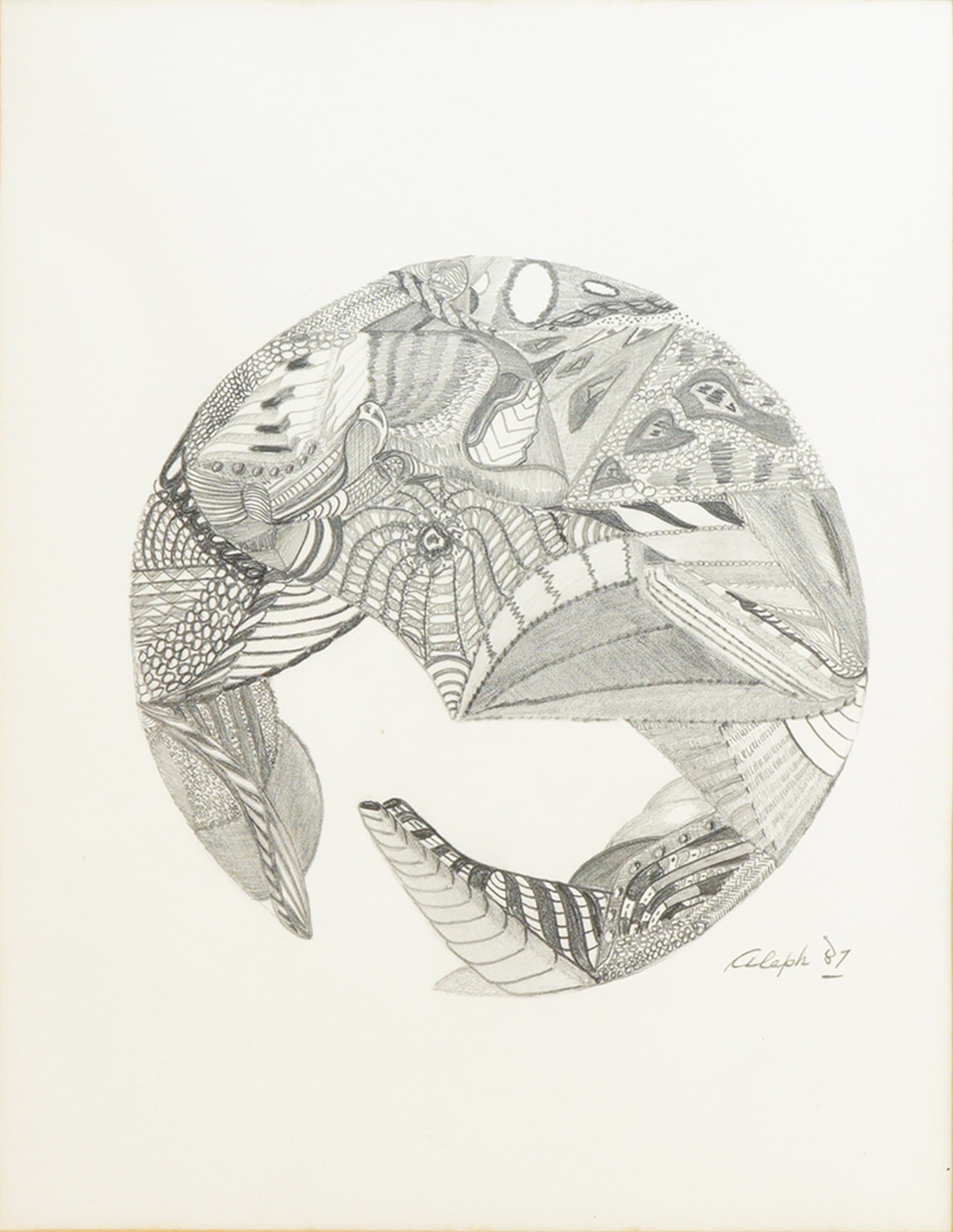 Zentangle Abstract Drawing Framed, Signed: An original Zentangle abstract drawing on paper featuring a dense circular composition. The work is executed with intricate geometric and organic patterns in graphite or ink. The piece is signed Aleph