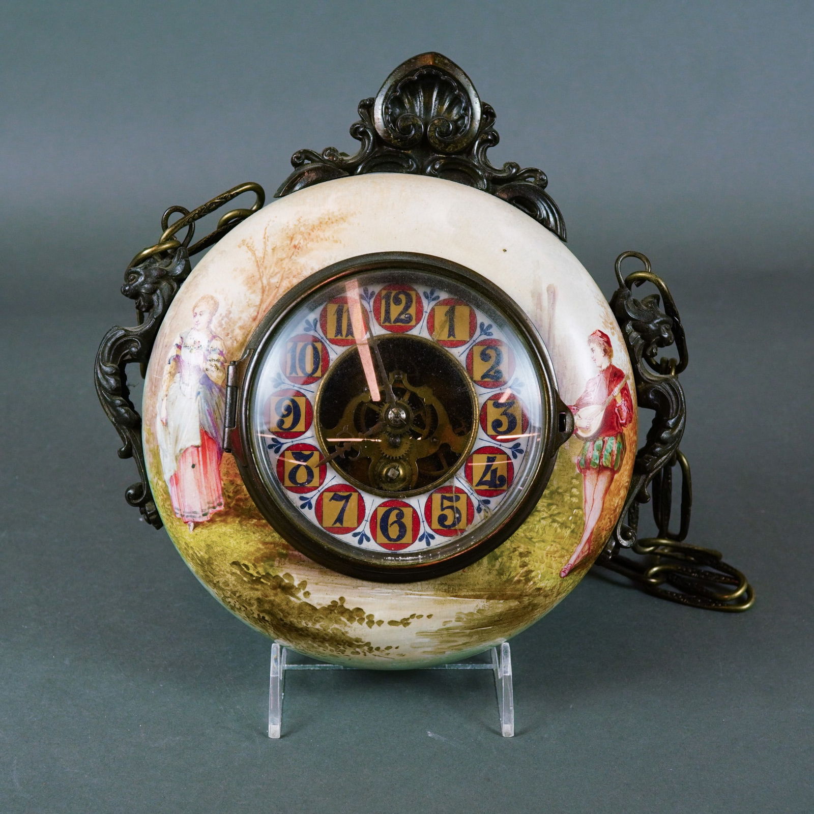 French Style Wag-on-the-Wall Hand-Painted Porcelain and Brass Clock (1 of 5)