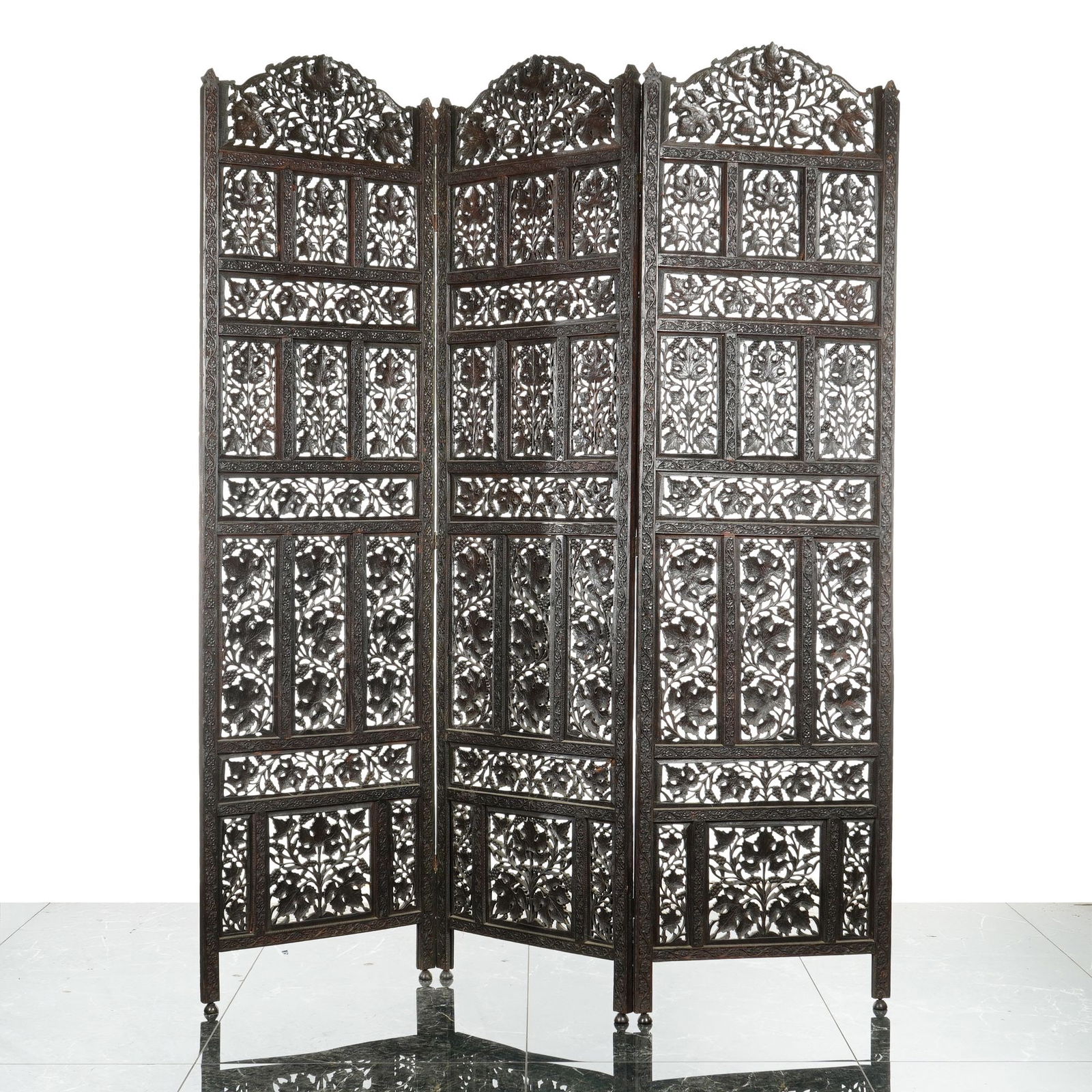 Teak Hand Carved Floral and Foliage Pattern Three-Panel Screen (1 of 4)