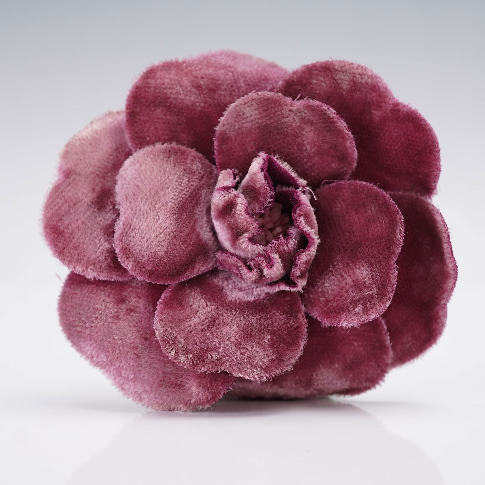 Chanel 95A Deep Magenta Velvet Camellia Brooch: A CHANEL 95A Camellia Brooch, crafted from a plush, deep magenta velvety textile. The multi-layered petals create a dimensional floral form. The reverse side features a silver-toned metal pin fastenin