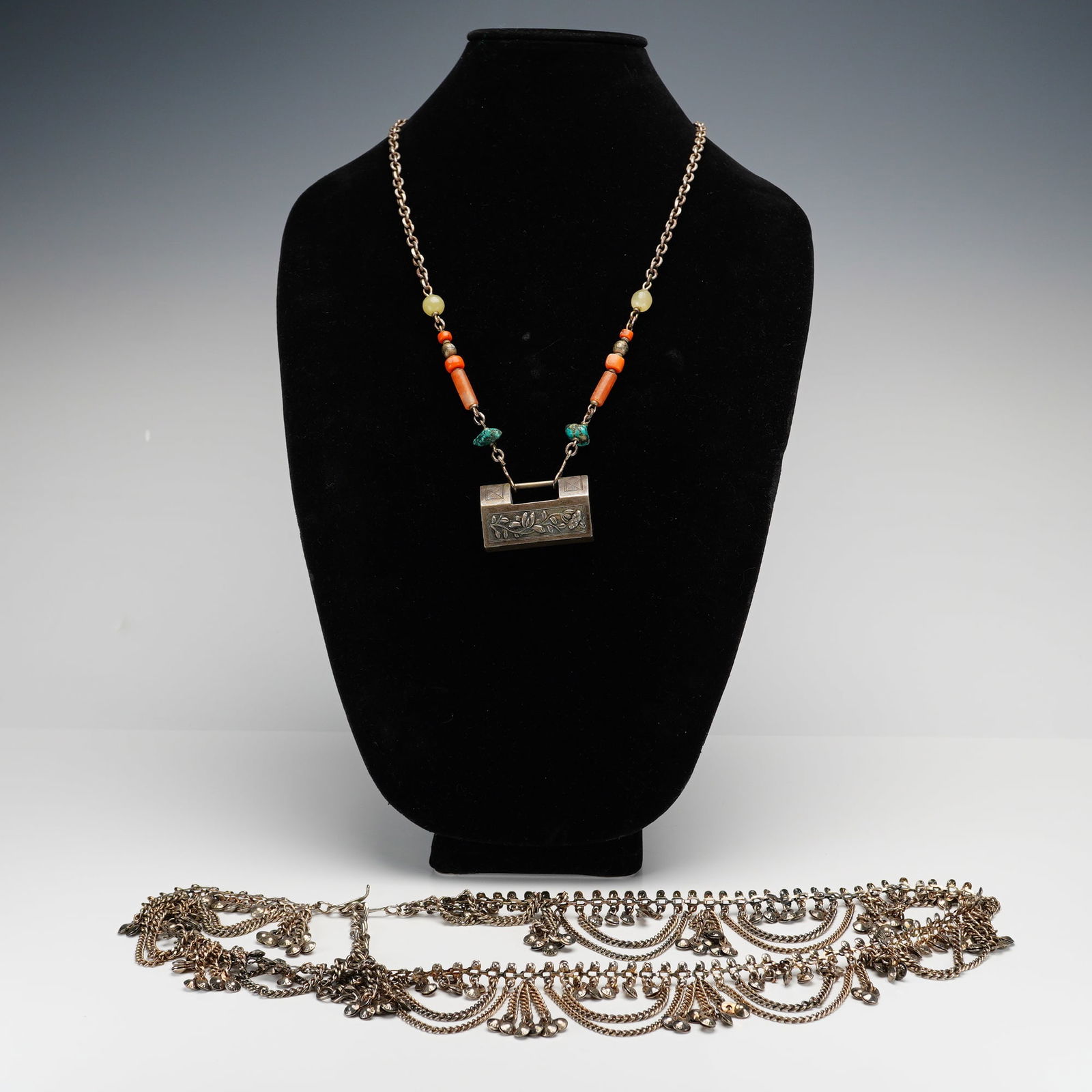 2pc Silver-Toned Chinese Locket Pendant Necklace and Belly Dancing Belt (1 of 3)