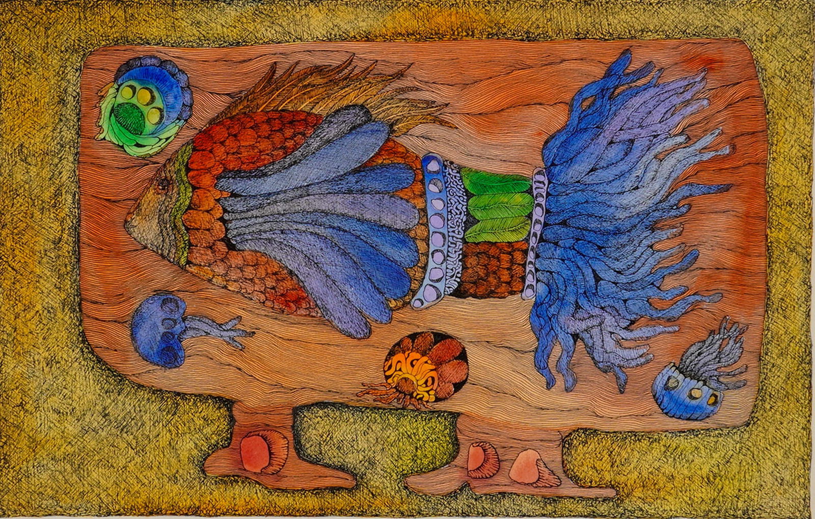 Julio Hernandez Rojo (Cuban/American, 1937-1994) Mixed-Media, Signed: This original mixed-media work on paper by Julio Hernandez Rojo features stylized marine-inspired forms, centered on a creature with blue fins and orange scales. The subject is set against a textured