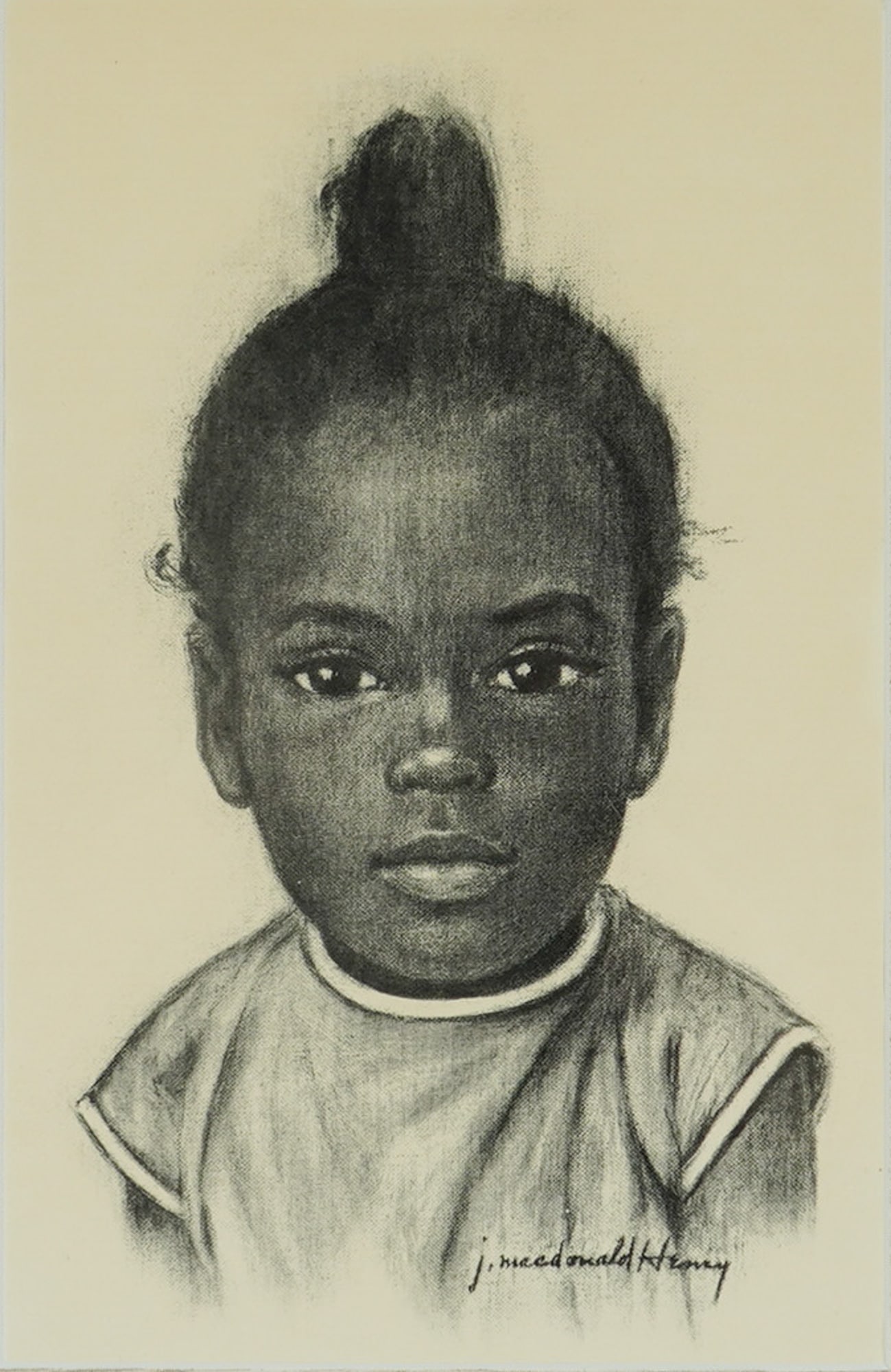 J. MacDonald Henry (Jamaican 1960-2008) Print on Paper, Portrait of a Child: This print on paper is the work of Jamaican artist J. MacDonald Henry who depicts the portrait of a young Black girl shown from the chest up, featuring a top-knot hairstyle and a simple collared
