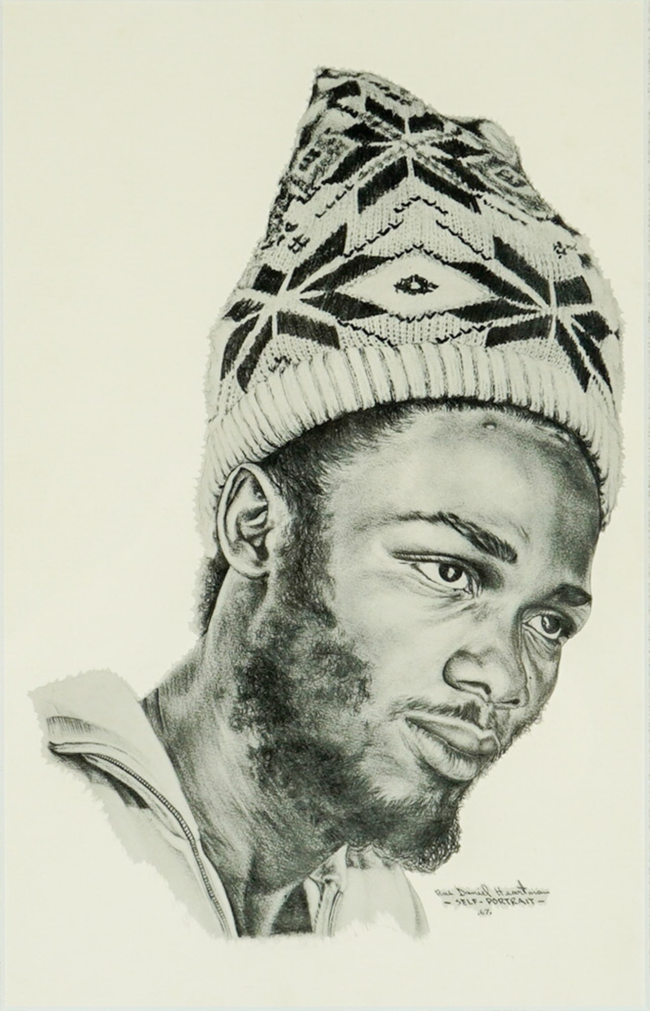 Ras Daniel Heartman (Jamaican 1942-1990) Framed Self-Portrait Print: This framed monochrome print is a reproduction of a self-portrait by the Rastafarian artist Ras Daniel Heartman, originally dated 1967. The work is executed in a detailed realist style, depicting the