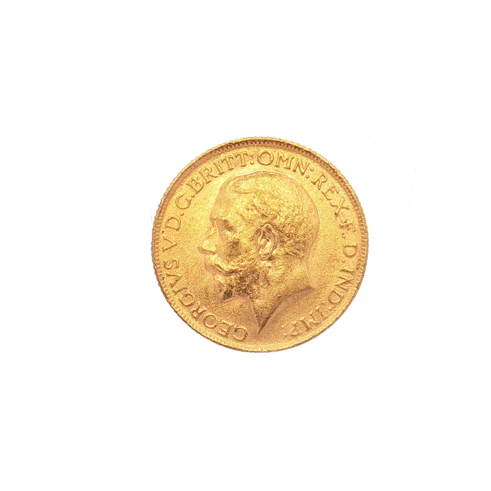 1913 UK 1 Sovereign King George V Gold Coin: 1913 UK 1 Sovereign King George V Gold Coin, struck by the Royal Mint. The obverse shows an uncrowned likeness of King George V facing left, surrounded by the legend. The reverse depicts St. George mo