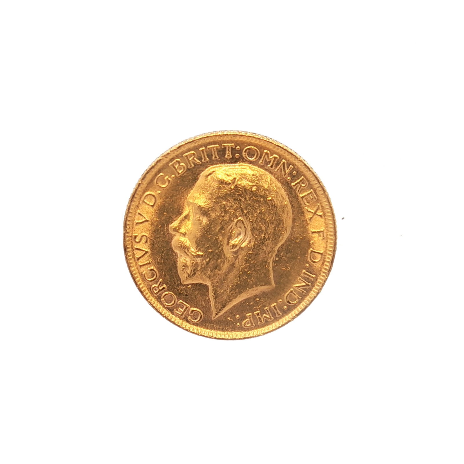 1918 UK 1 Sovereign King George VGold Coin: 1918 UK 1 Sovereign King George V Gold Coin, issued by the Royal Mint. The obverse features an uncrowned portrait of King George V facing left, with legend encircling the design. The reverse presents