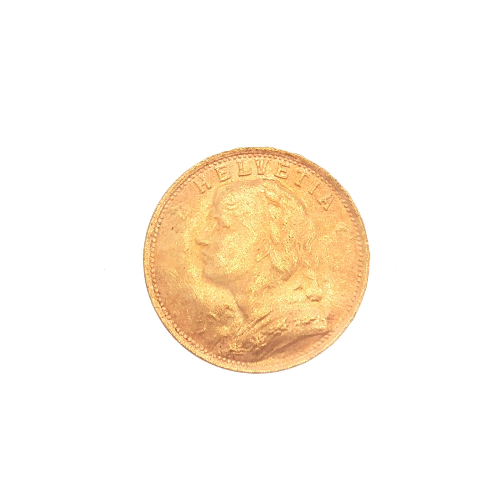 1935 Switzerland 20 Francs Vreneli Gold Coin: Minted by Bern, Switzerland. The obverse depicts bust of young woman left-facing with tresses and a garland of edelweiss. The reverse displays Coat of Arms and Oak (Quercus robur) branch with acorns a