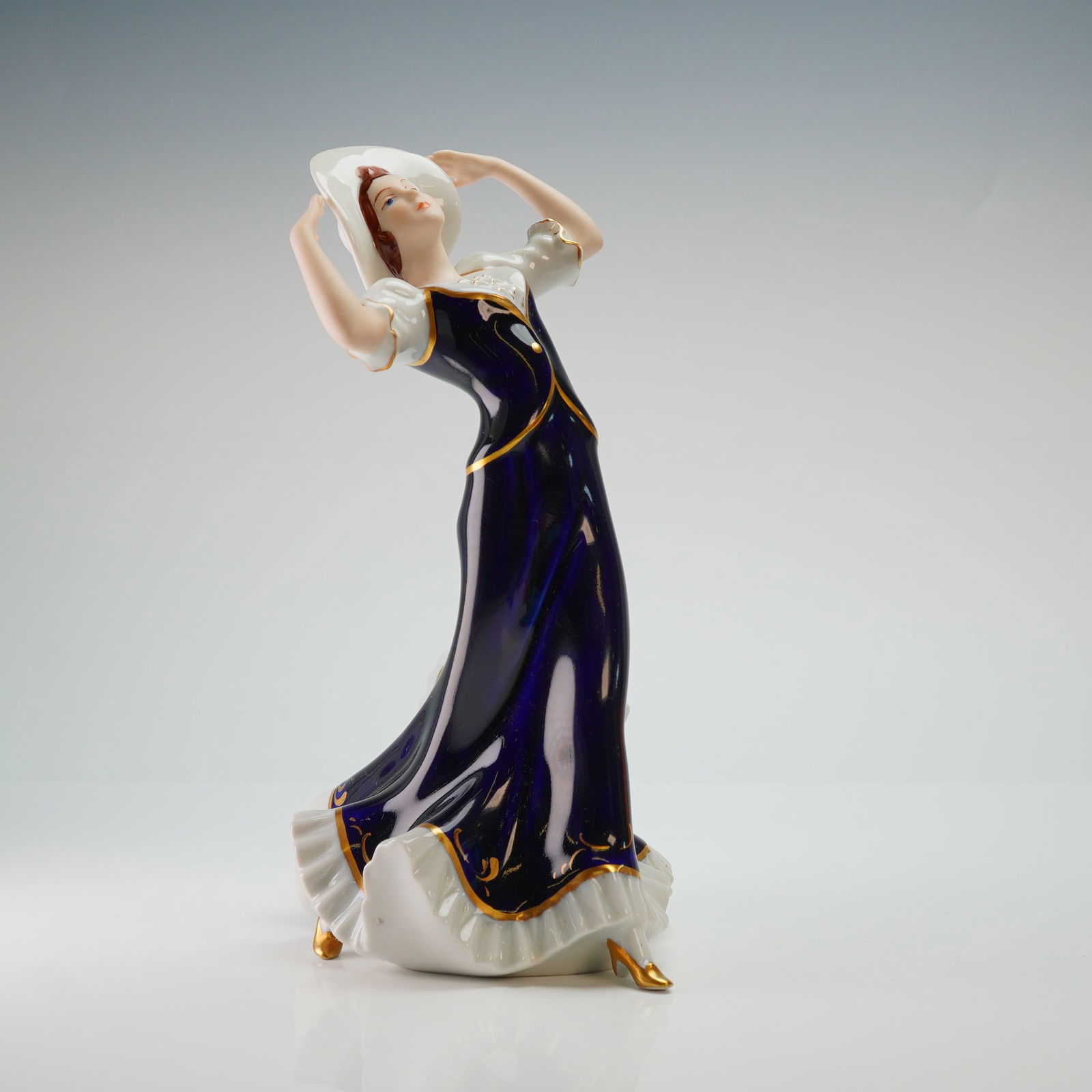 Royal Dux Bohemia Porcelain Figurine, Lady with Hat in Cobalt Blue Dress (1 of 3)