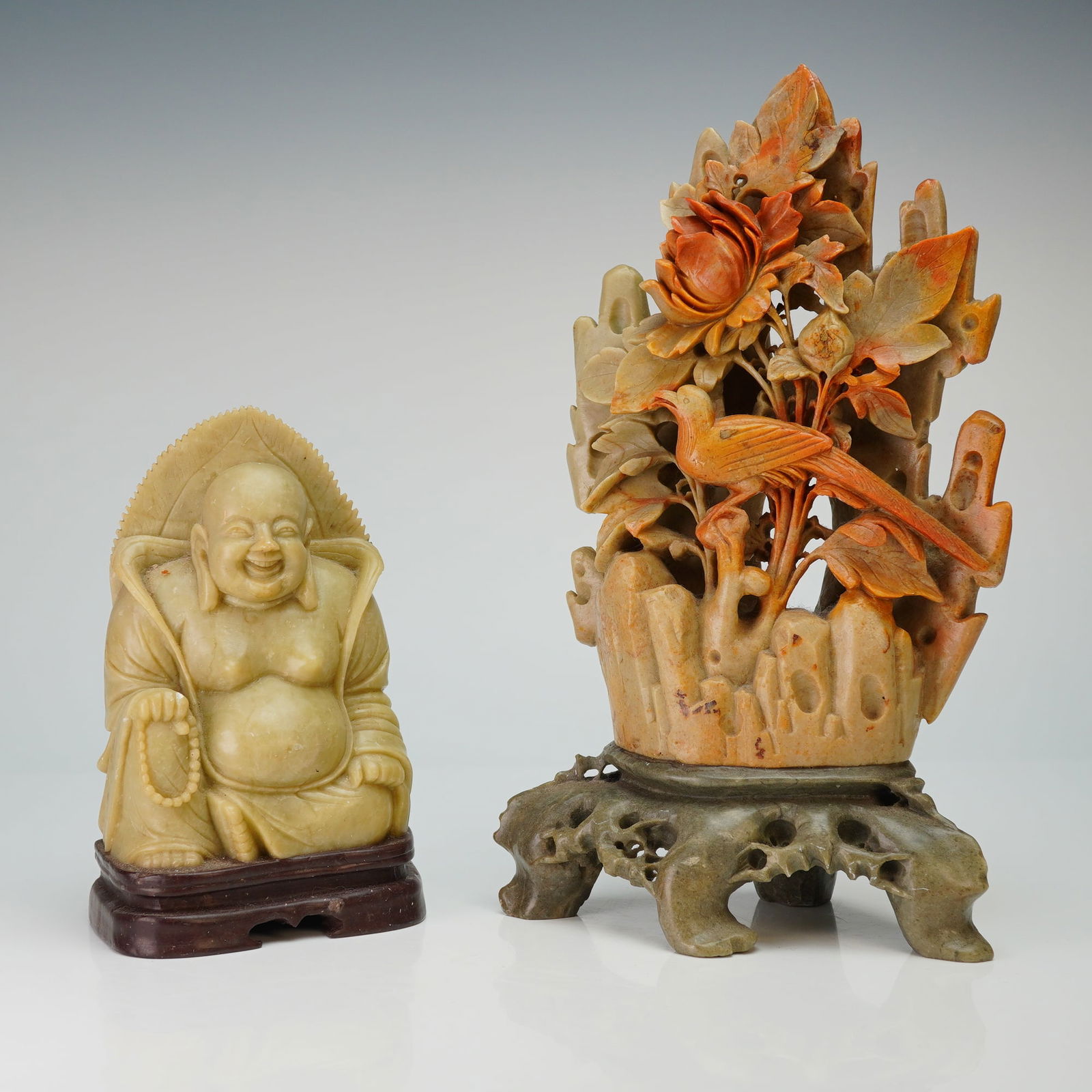 2pc Chinese Hand Carved Soapstone Figurines, Bird and Laughing Buddha (1 of 6)