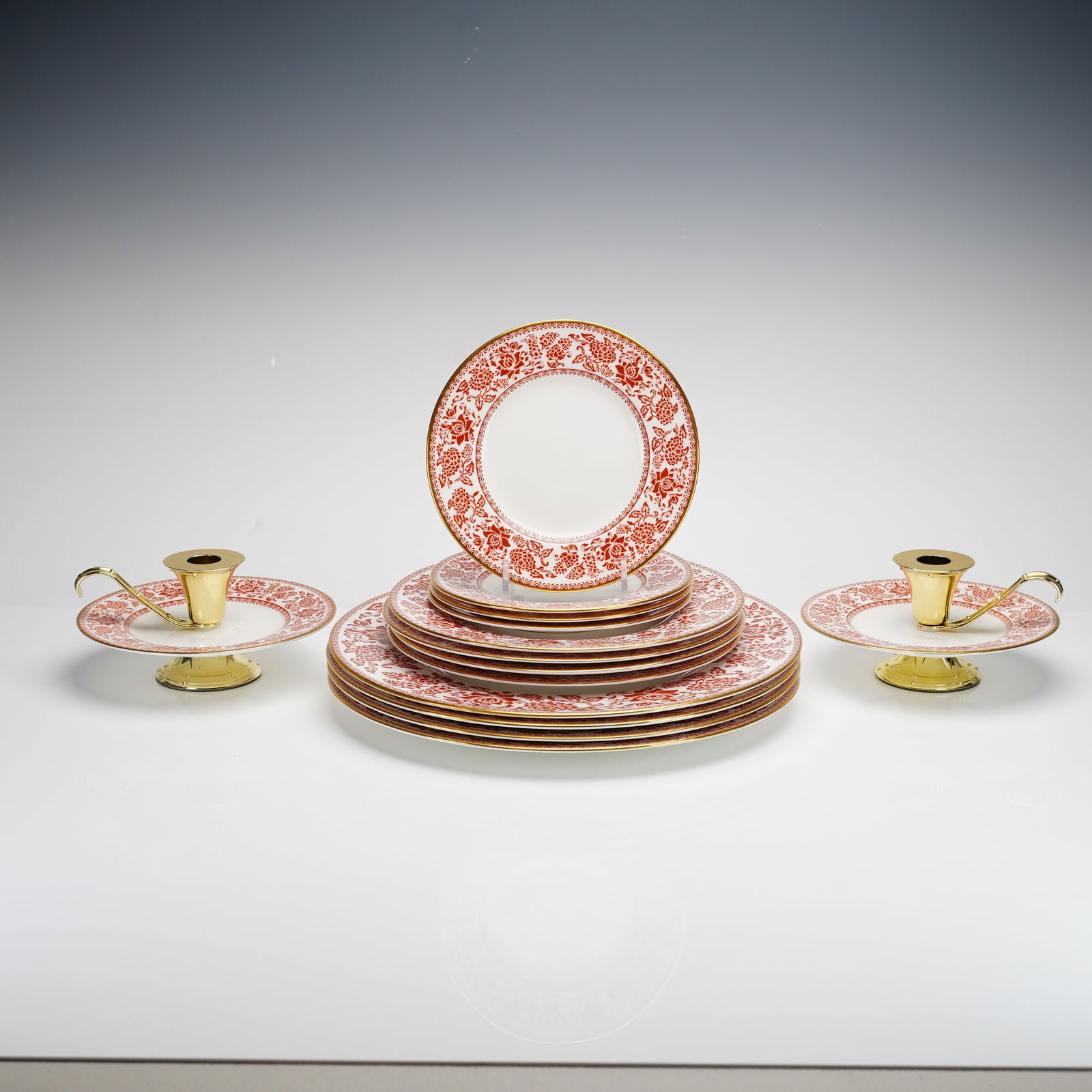 14pc Wedgwood Red Damask Bone China Plate and Candle Holder Grouping (1 of 4)