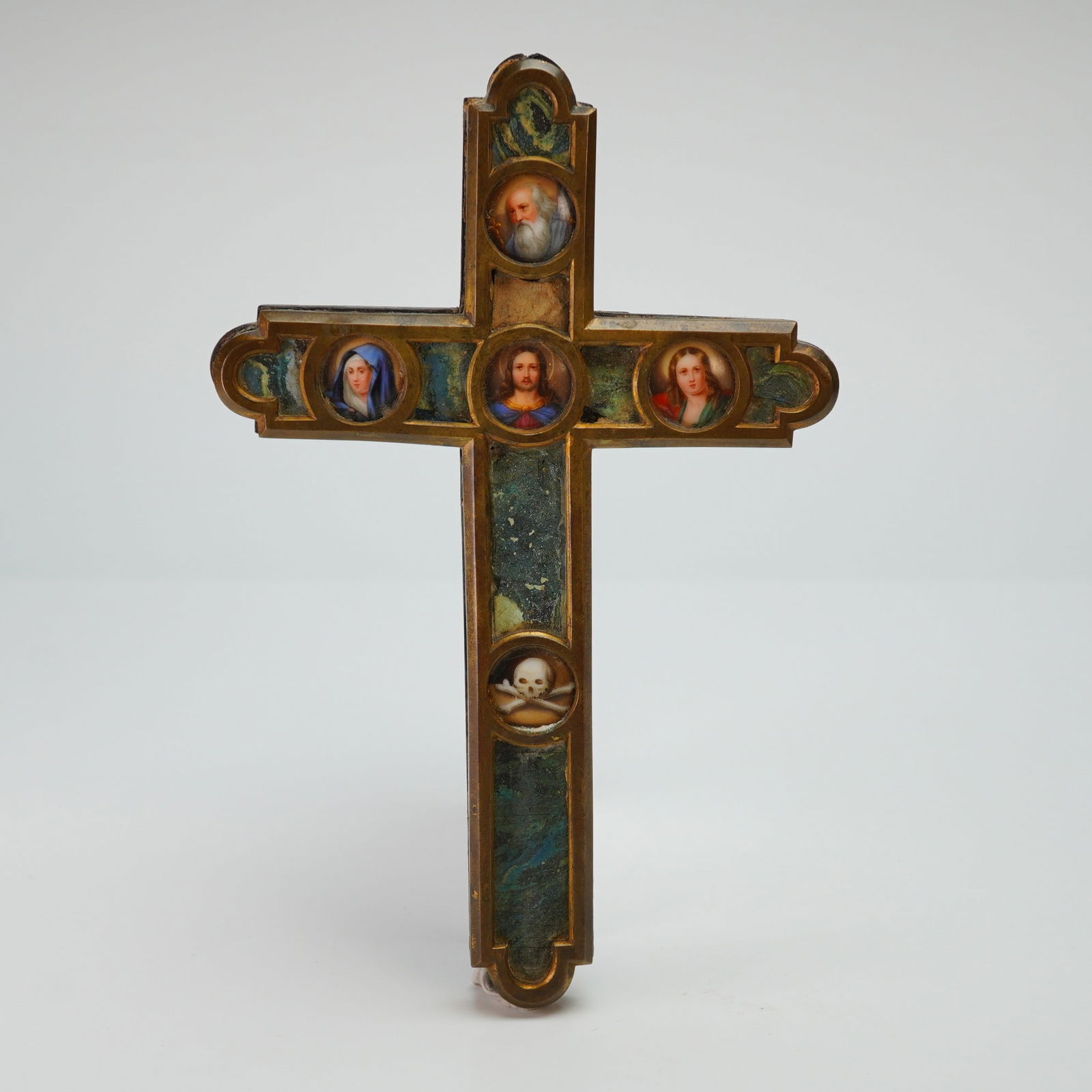 Hand Painted Enamel Plaques Blessing Cross: This blessing cross features hand painted enamel plaques set within a brass or bronze frame. The frame is constructed with trilobed terminals and houses five circular medallions. The central medallion