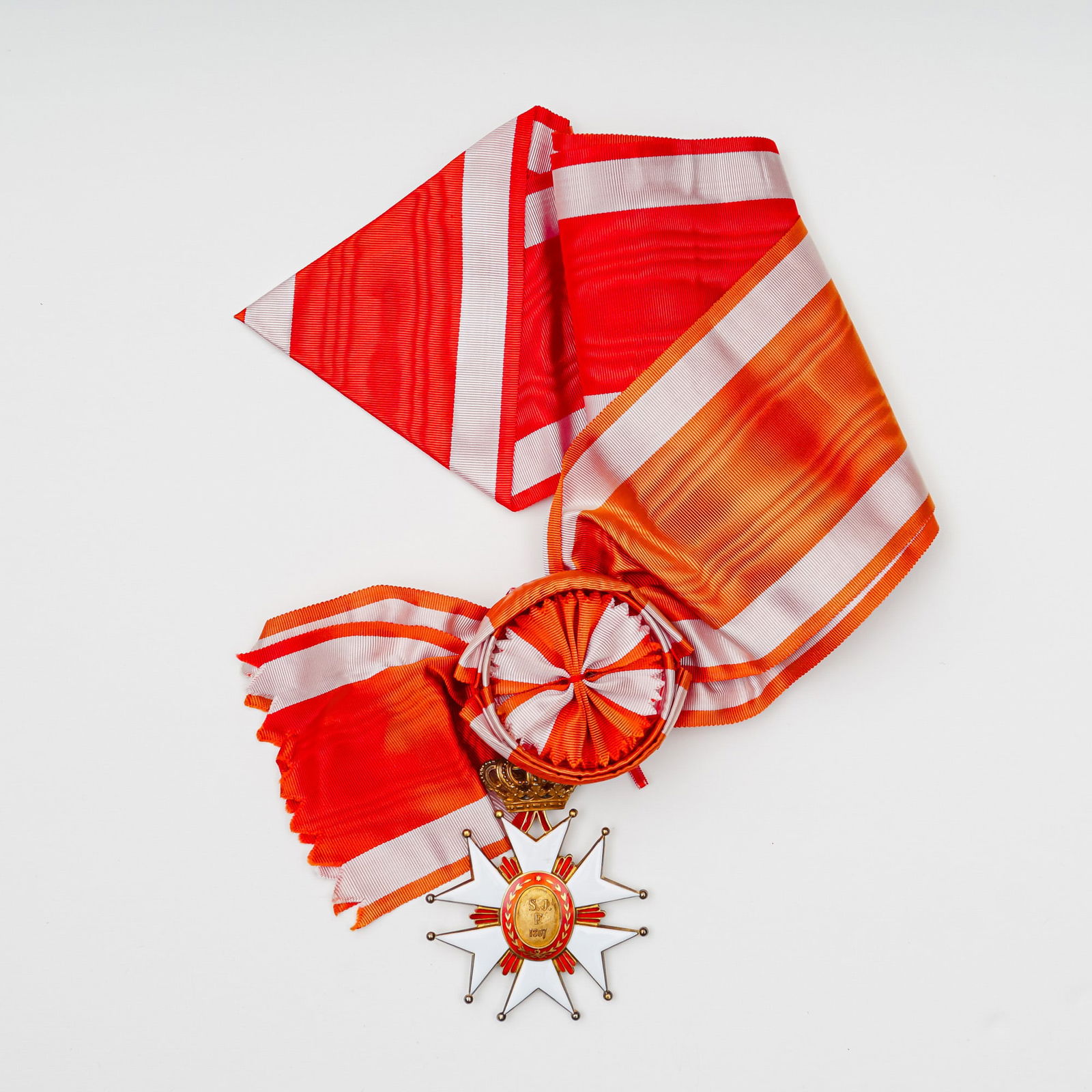 19th c. Italian Order of Saint Joseph of Tuscany, Grand Cross Neck Badge: An exceptional example of the Italian Order of Saint Joseph of Tuscany, dating from circa 1807-1900. This distinguished Grand Cross neck badge features a white enamel Maltese cross accented with red